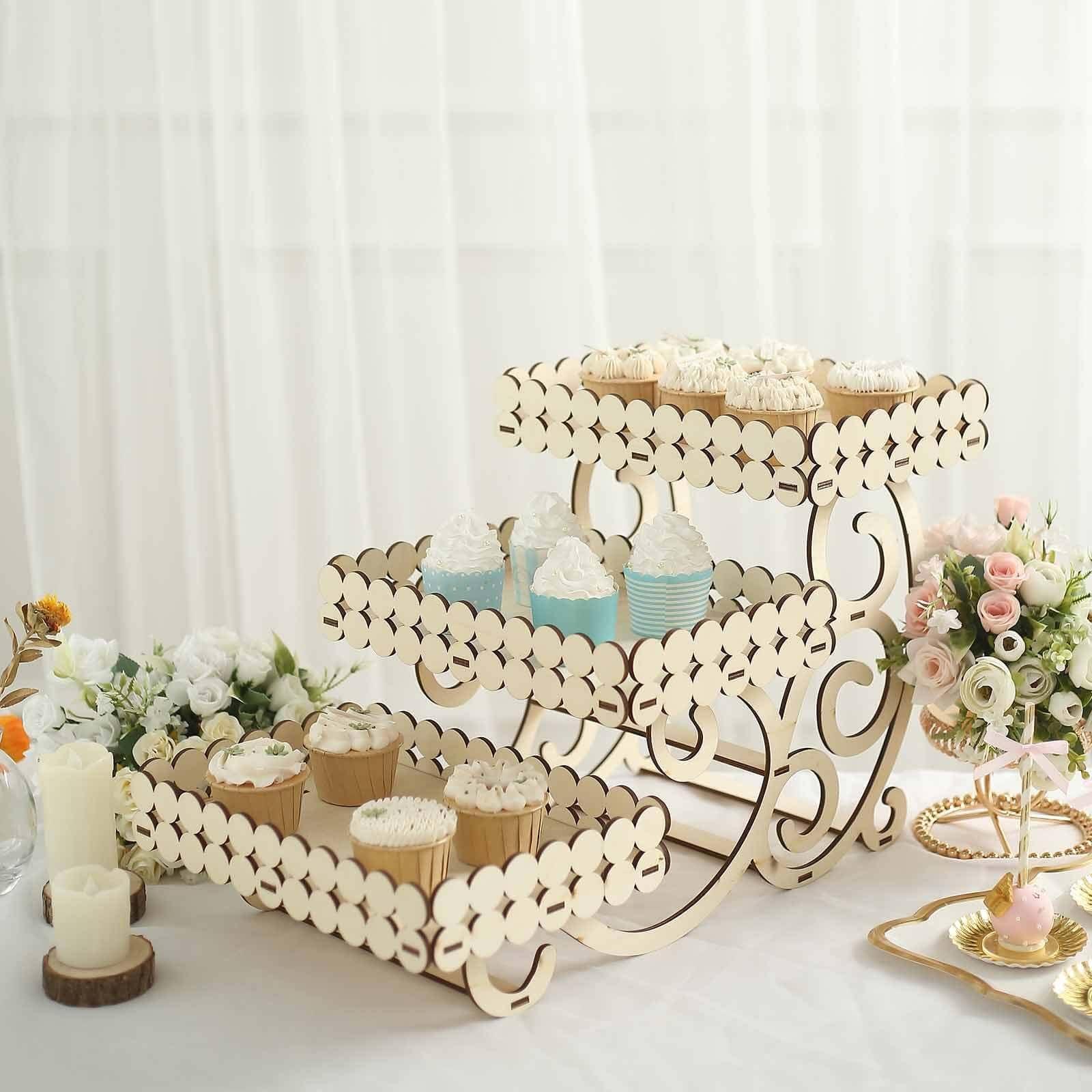 Efavormart 3-Tier 22" Natural Wooden Laser Cutout Dessert Serving Platter Display, Rectangular Cupcake Stand Mini Cake Tray