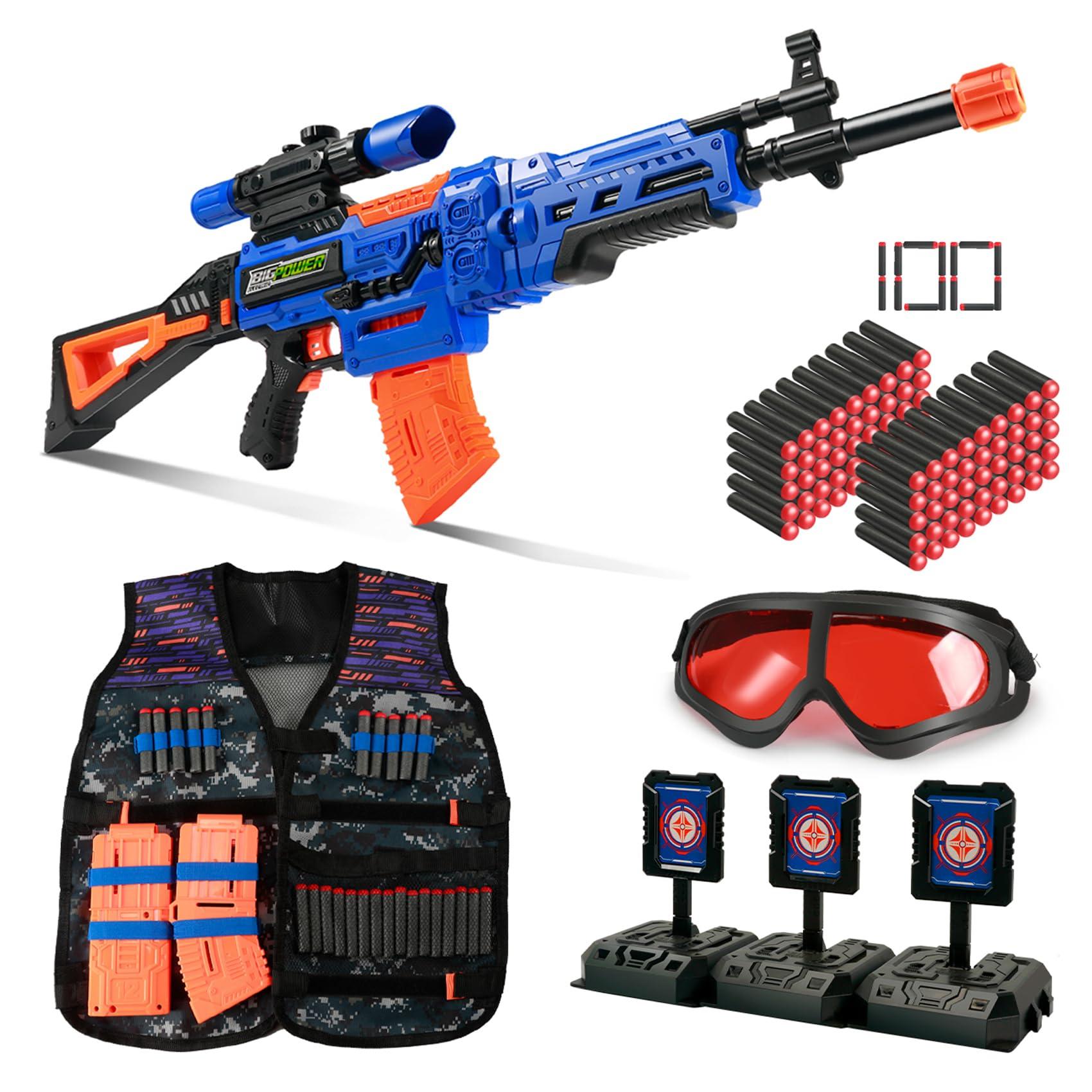 Bigpower Electric Kids Toy Sniper Rifle with Scope Tactical Vest Kit Big Size,4 in 1 Automatic Kids Sniper Rifle Toy Guns for Boys 8-12,Rifle Dart Guns for Adults，Toy Guns with 2 Removable Magazines