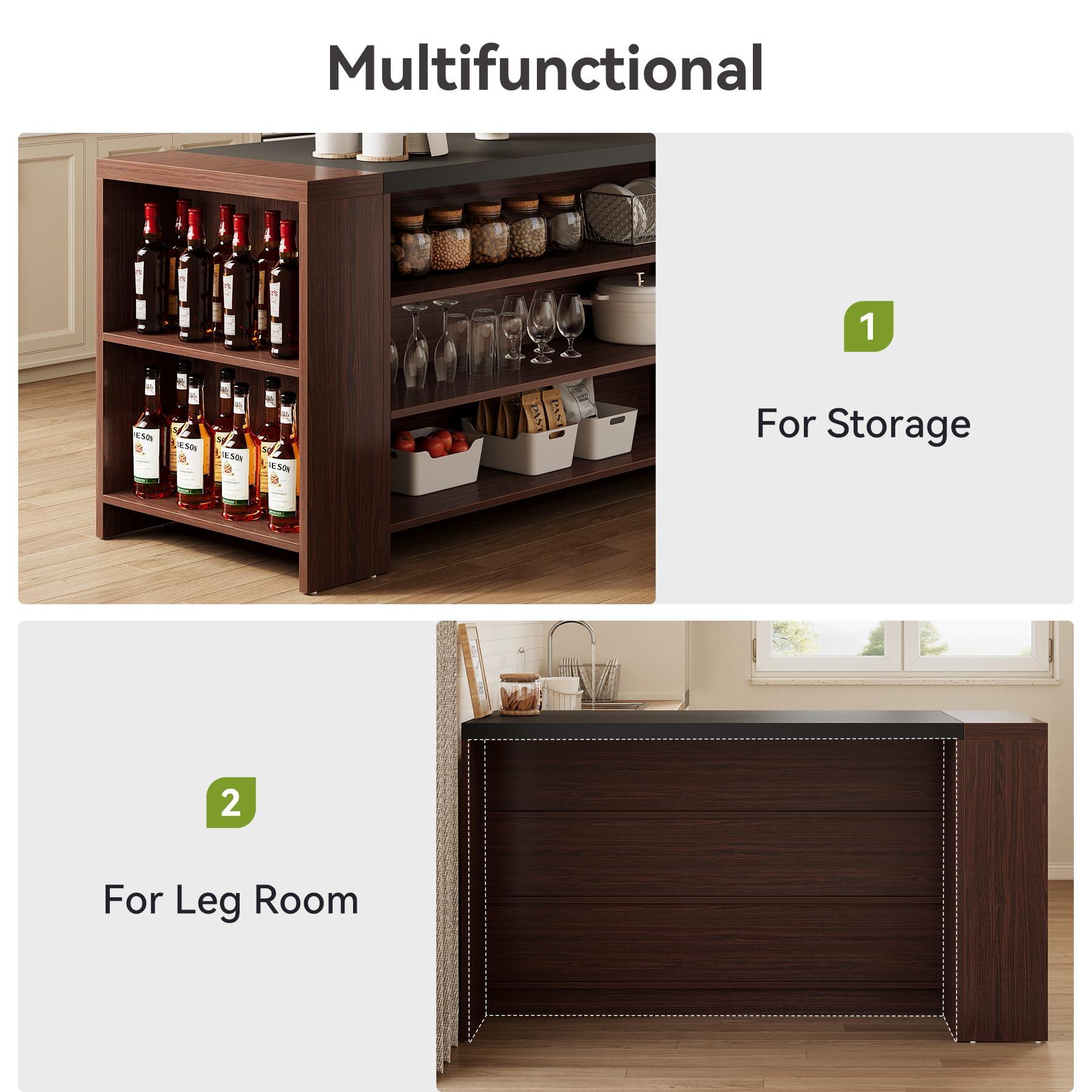 LITTLE TREE 55 Inches Modern Wooden Kitchen Island with Large Worktop & Leg Room, 4-Tier Storage Cabinet for Dining Room, Coffee Bar Table Cabinet for Living Room - Image 6