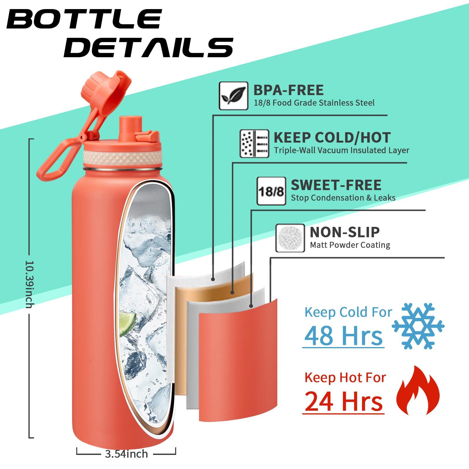 40 oz Stainless Steel Water Bottles with Straw and Auto Spout Lids, Wide Mouth Metal Thermos Bottles for Gym, Leak Proof & BPA-Free Water Flask Jug with Paracord Handle & Carrier Bag with Strap - Image 5