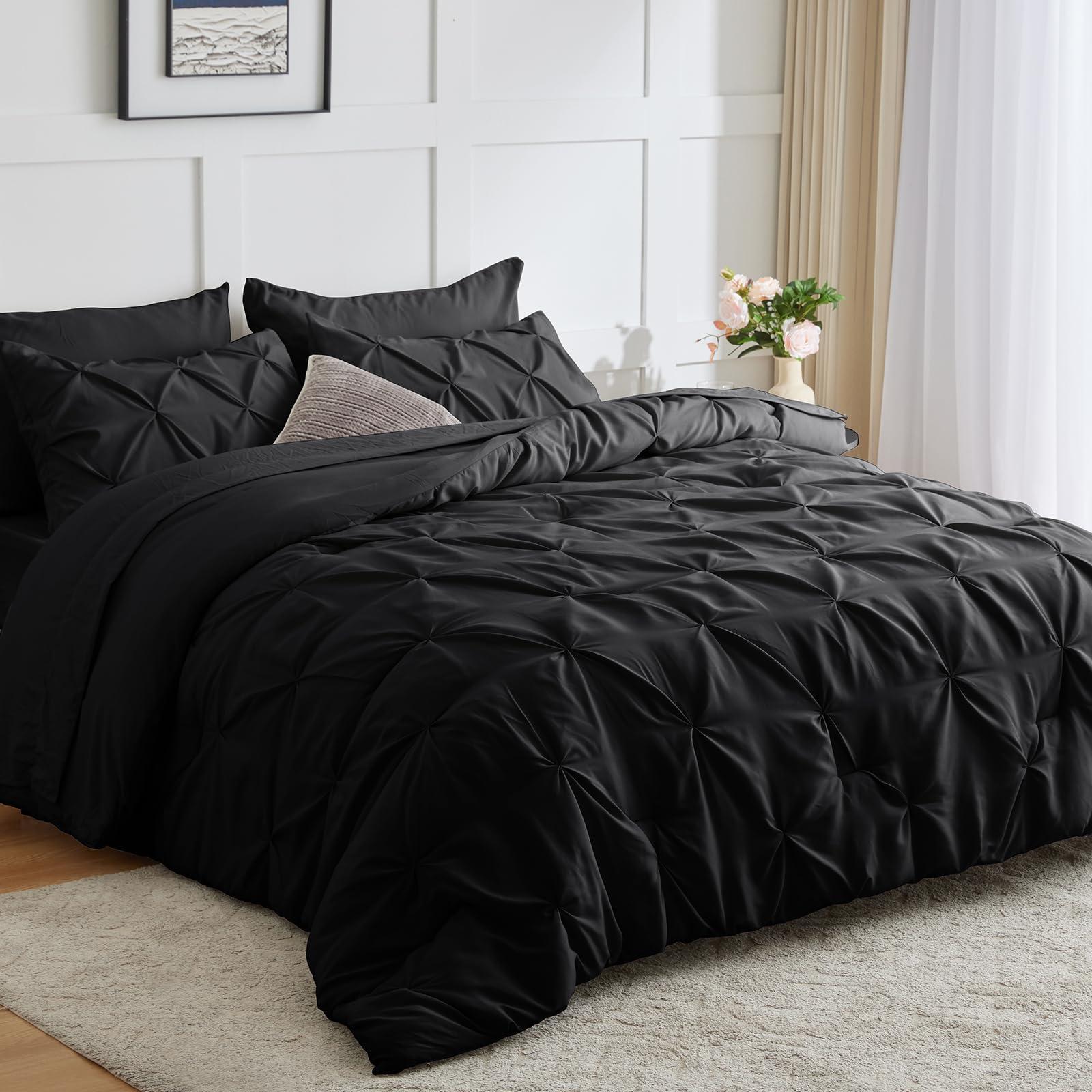 CozyLux Queen Comforter Set 7 Pieces Bed in A Bag Black Premium Comforters Queen Size Bed Set Pintuck Pinch Pleat Complete Bedding Sets with Comforter, Flat Sheet, Fitted Sheet and Pillowcases & Shams