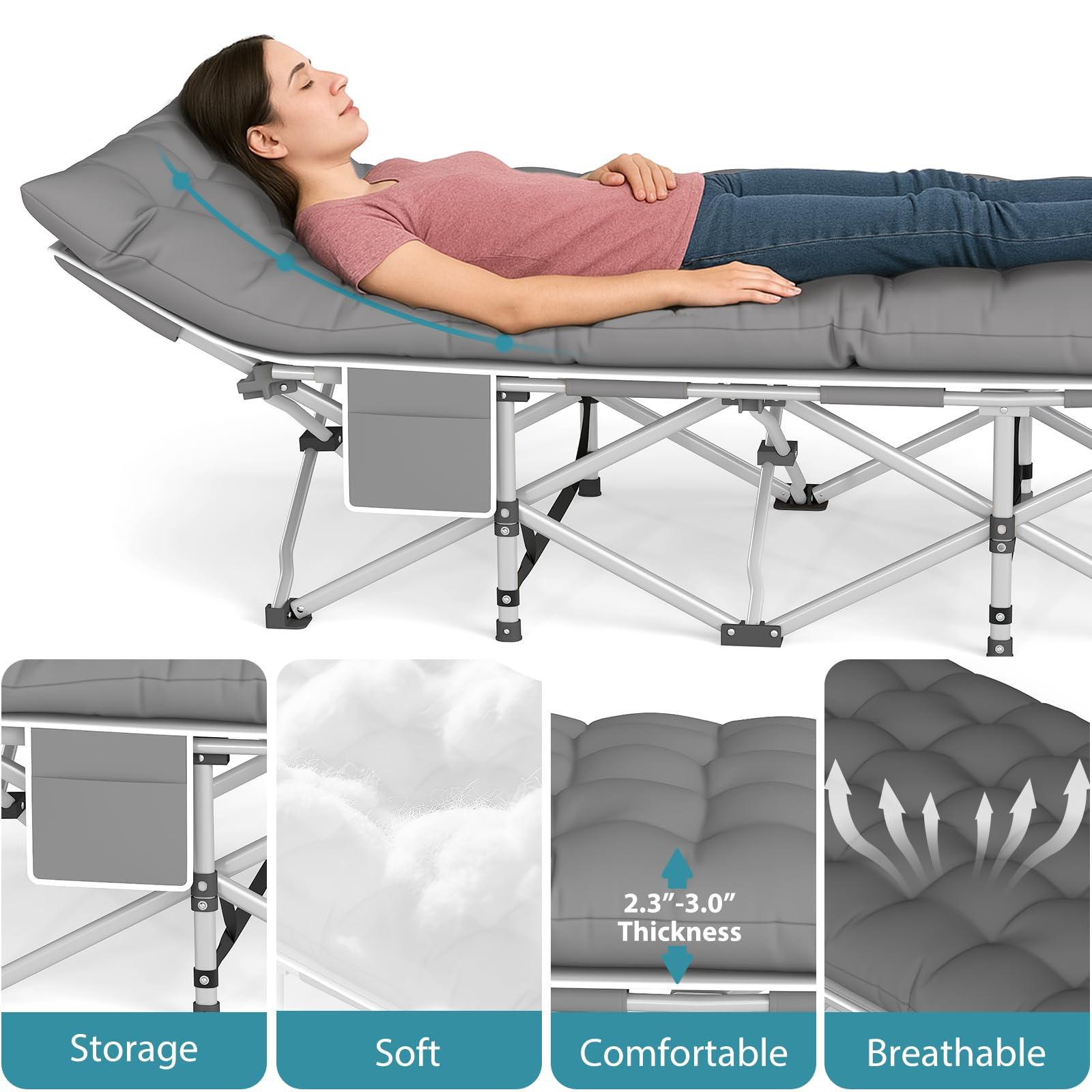 Fenbeli Folding Camping Cot for Adults, 2 Pack Heavy Duty Sleeping Cots with Carry Bag, Double Layer Oxford Portable Travel Camp Cots for Outdoor Camp Beach Home Office (Blue Pad & Gray Pad, 2PACK) - Image 5