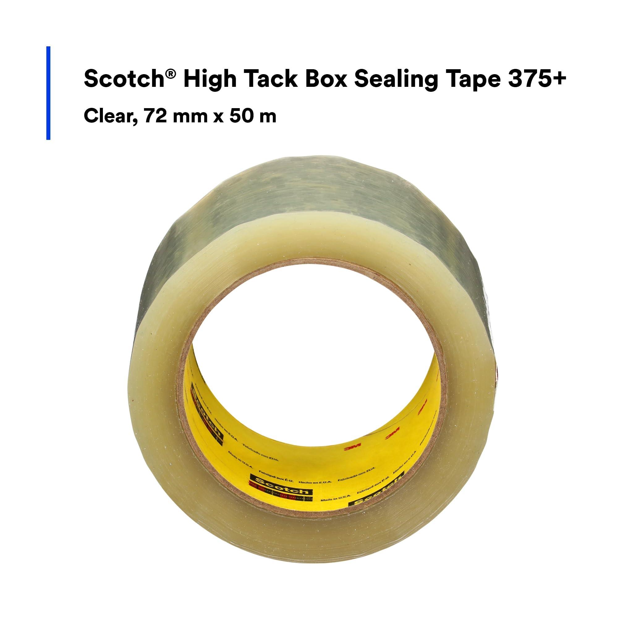 3M Scotch High Tack Box Sealing Tape 375+, Film Backing with Synthetic Rubber Adhesive, Clear Color, 72 mm x 50 m, 24/Case - Image 2
