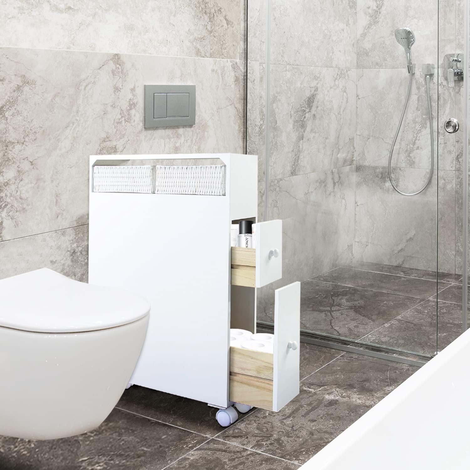 MASAKA B&W Movable Bathroom Cabinet with 2 Drawers, Shelf & Corner Shelves - Toilet Paper Storage & Side Organizer - Image 7