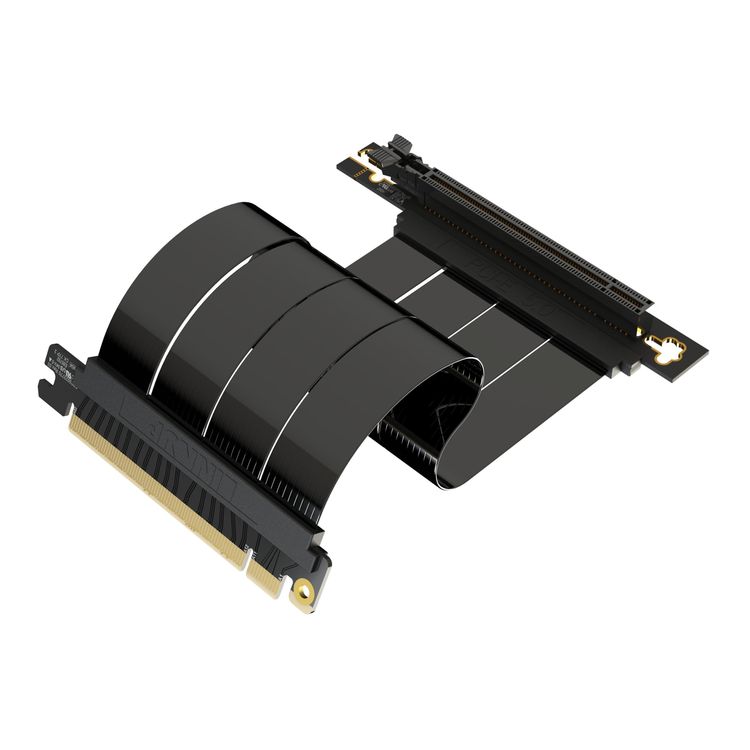 LINKUP - AVA5 PCIE 5.0 Riser Cable | RTX5090 RX9070 GPU Ready | x16 128GB/s Speed | Compatible with PCIe 4.0 & WRX80/WRX90E | Right Angle, Black 20cm (Total Length 24cm)