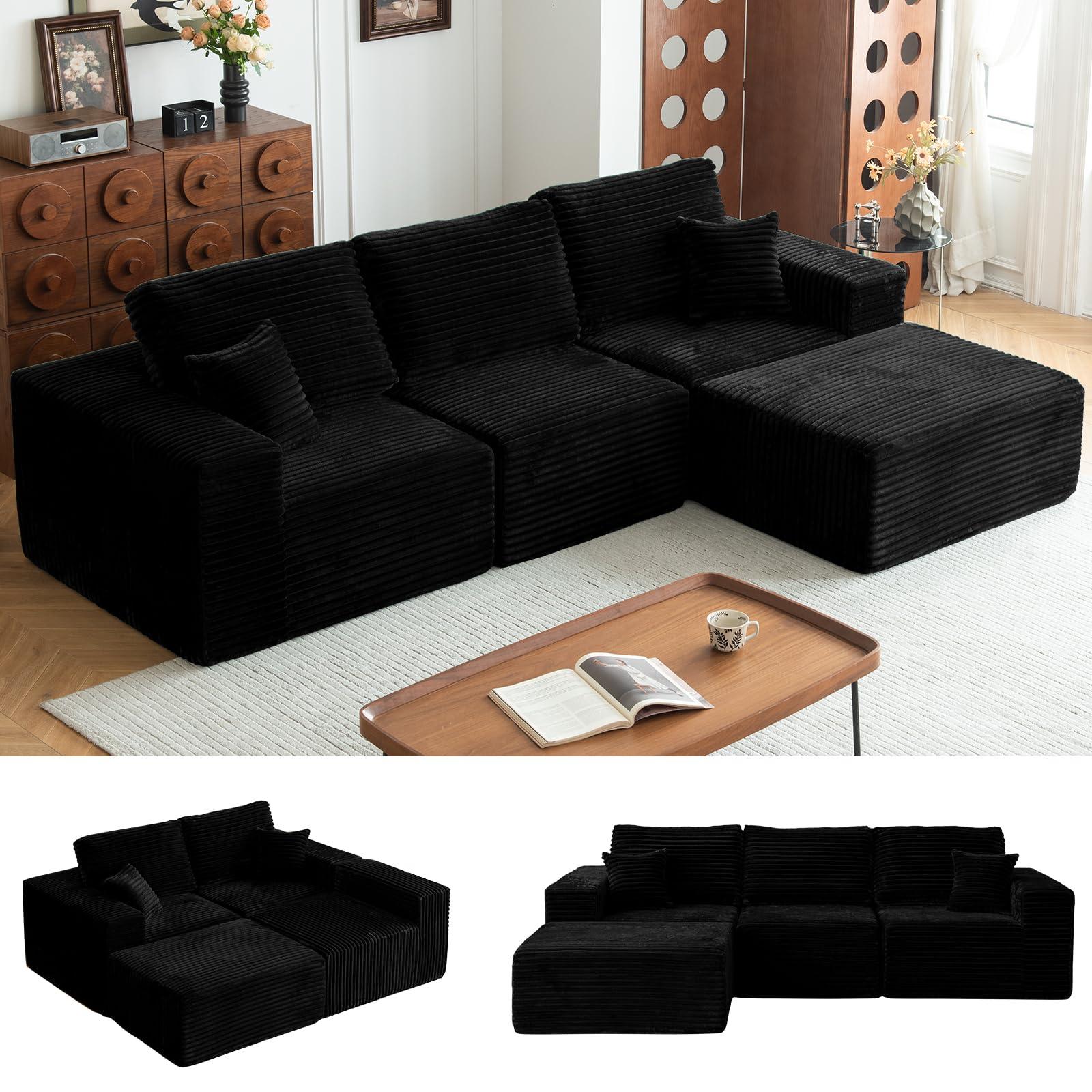MODNEST 107" Modular Sectional Sofa Cloud Couch with Deep Seats, L Shape Memory Foam Couch with Chaise, Sectional Couches for Living Room, Oversized Comfy Boneless Sofa No Assembly, Black
