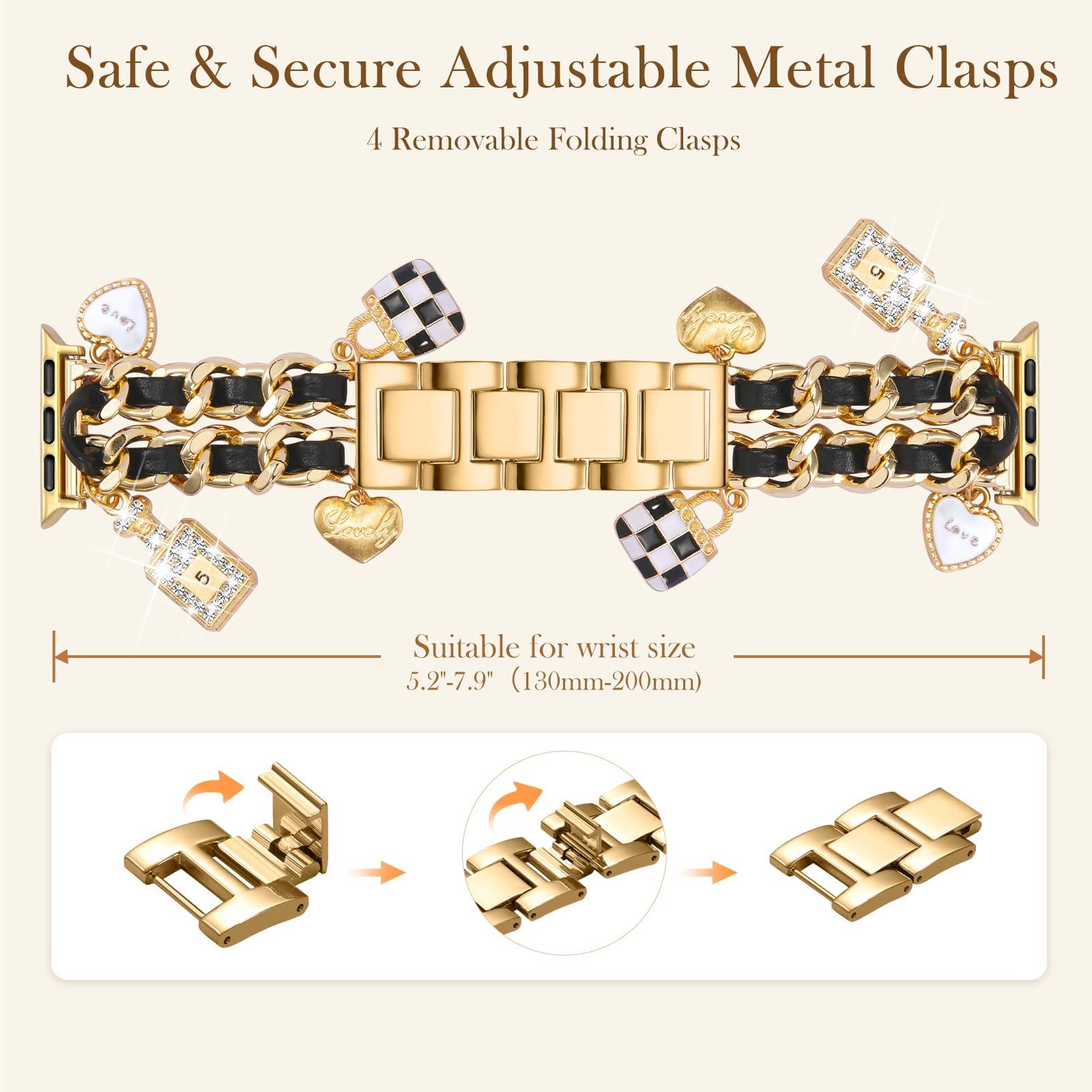 Stylish Metal Band Compatible with Apple Watch Bands for Women 40mm 38mm 41mm 44mm 42mm 45mm 46mm,Pretty Chain Strap with Apple Watch Accessories Charms for iWatch Bands Series 10 9 8 7 6 5 4 3 2 1 SE - Image 5