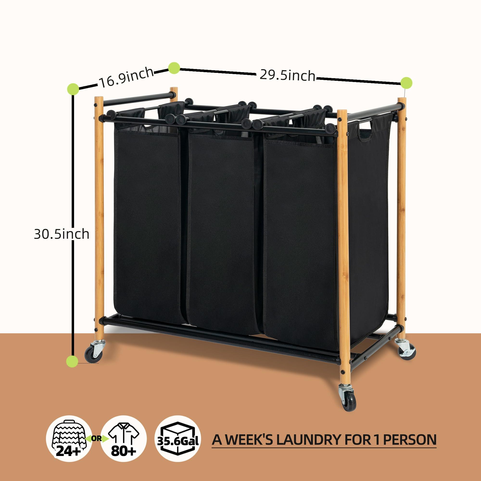 STORAGE MANIAC 3 Section Laundry Sorter, 35.9 Gal (136 L) Laundry Hamper Cart with Heavy Duty Rolling Lockable Wheels and Removable Bags, Clothes Organizer Basket Clothes Separator Hamper, Bamboo - Image 3