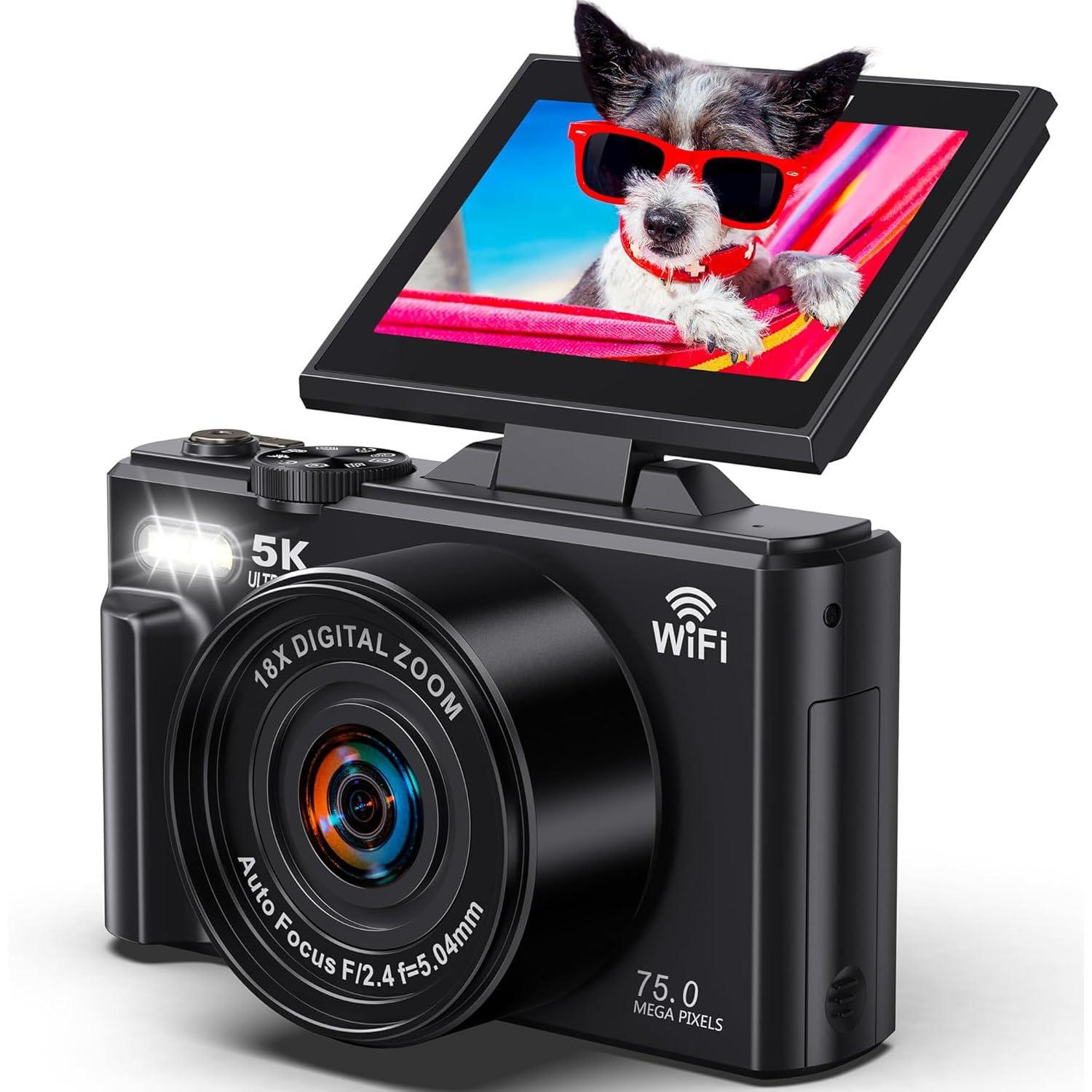 5K Digital Camera for Photography - WiFi 75MP Vlogging Cameras for YouTube - UHD Autofocus Video Camera 3" 180° Flip Screen with 18X Zoom - Compact Vlog Travel Camara with 32GB SD Card, 2 Batteries - Image 4