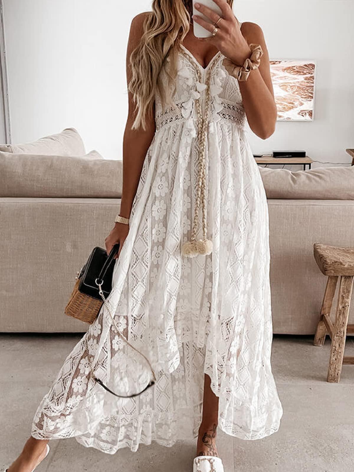 CUPSHE Women's Summer Dresses Sleeveless Lace Casual Tassel Beach Spaghetti Straps Flowy Maxi Sun Dress - Image 6