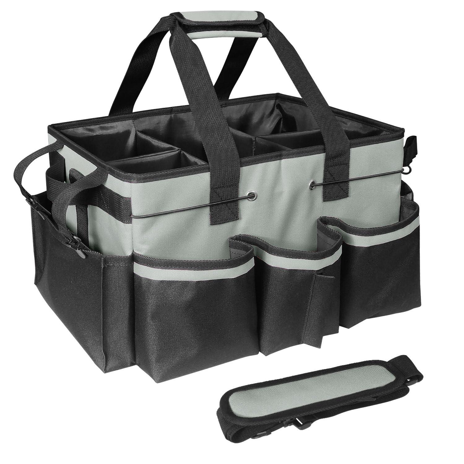 BOHEMIABY Cleaning Bags for Housekeepers, Large Cleaning Supplies Organizer with Handles & Shoulder Strap, Cleaning Caddy Bag with Foldable Divider for Cleaners, Car Horse Cleaning Bag(Grey)