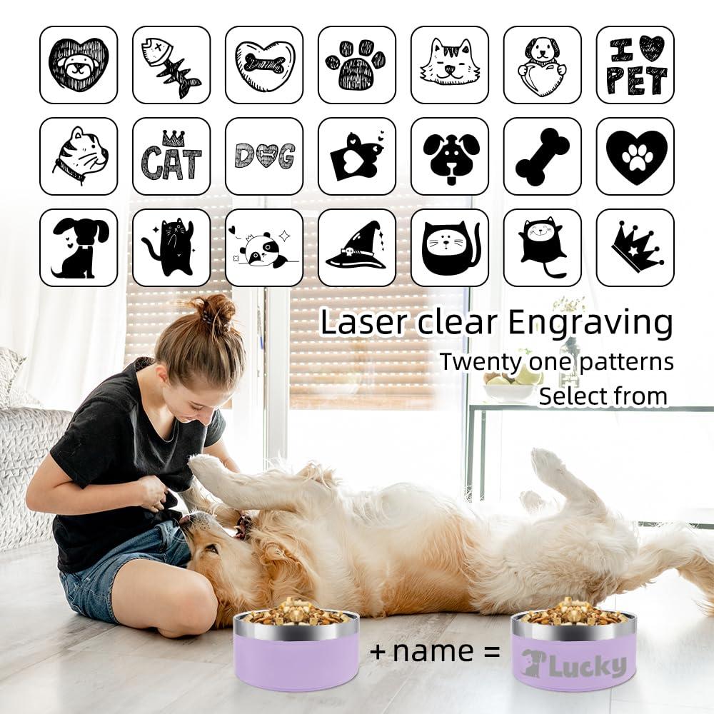 Personalized Dog Cat Bowl with Name Pattern,Laser Engraved Stainless Steel Pet Bowl Anti-Slip for Water Food,with 1 Non Customized Green Bowl (Purple, 25 oz) - Image 2