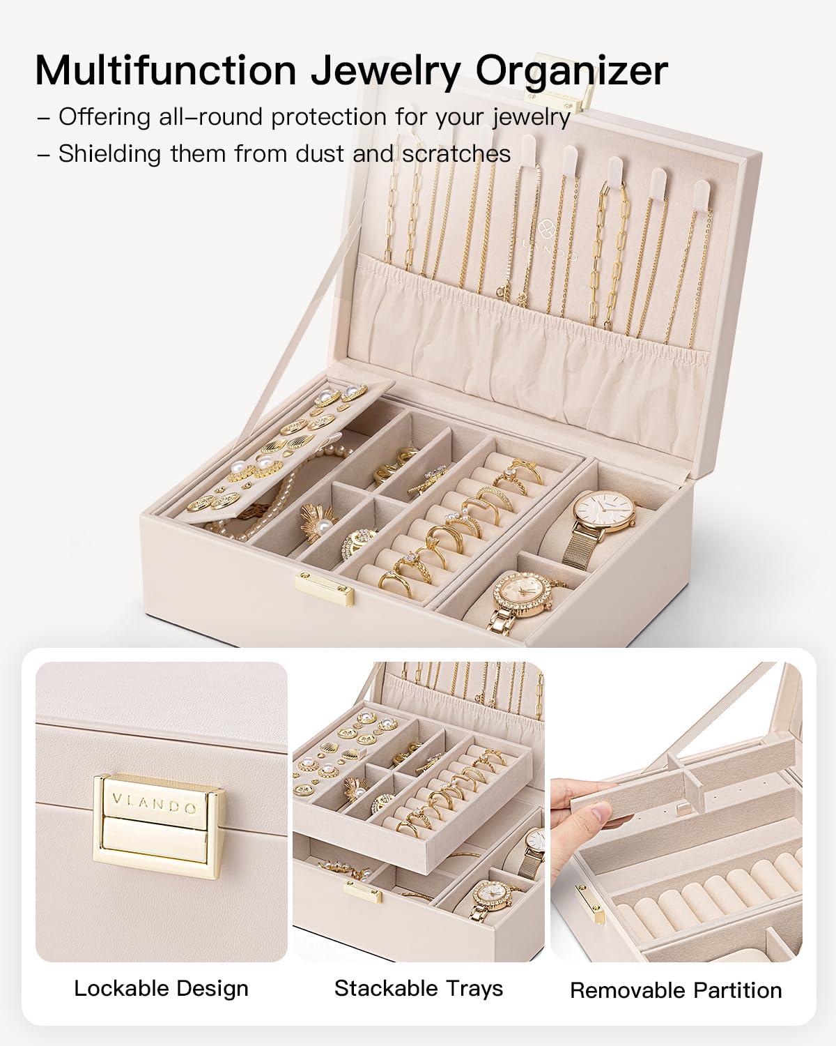 Vlando 2 Layer Jewelry Box Large Jewelry Organizer for Women Removable Jewelery Tray with Watch Pillow for Necklace Earrings Rings Bracelets Jewelry Boxes for Wedding Gifts Bride Gifts(Apricot White) - Image 6