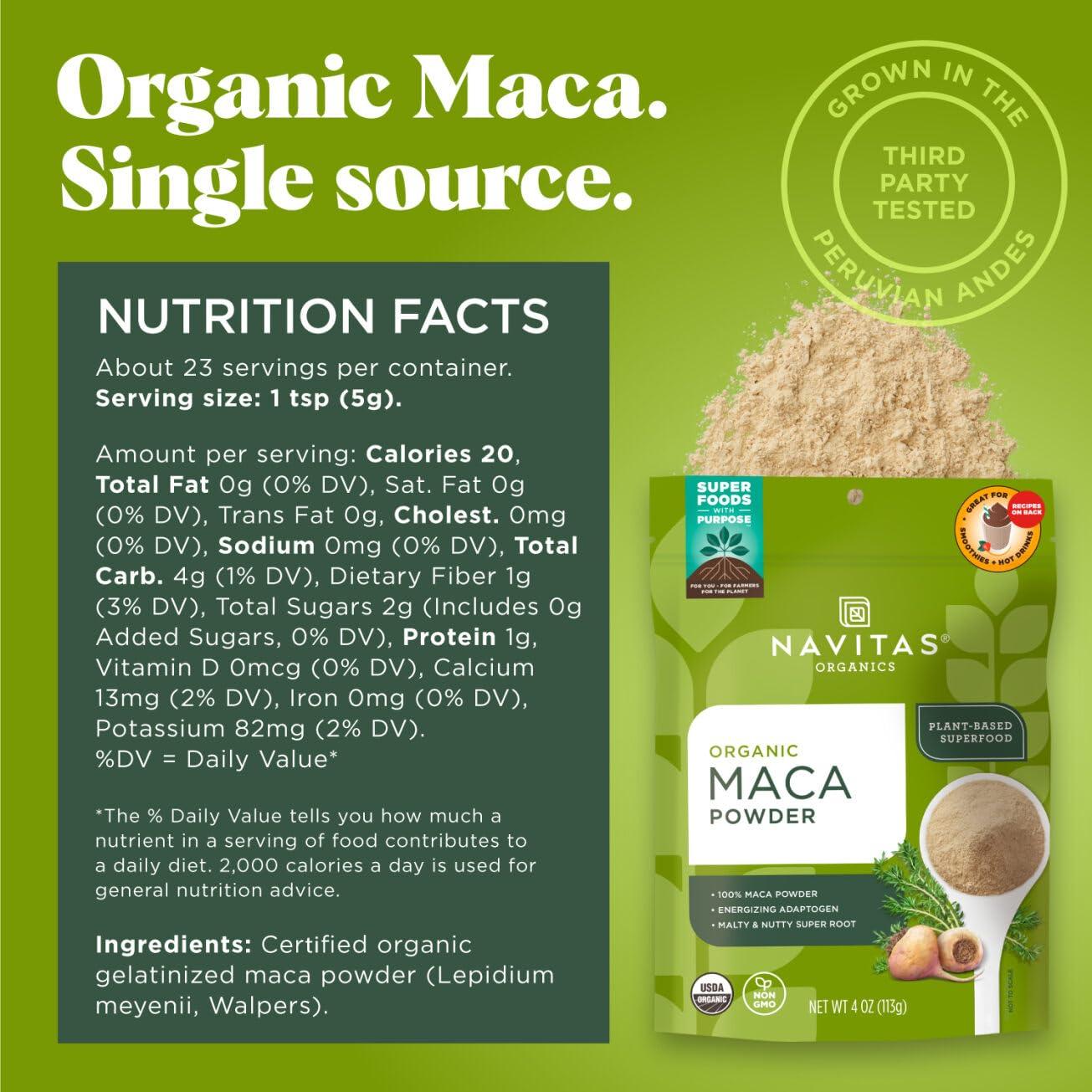 Navitas Organics Maca Powder – 100% Gelatinized Peruvian Maca for Adaptogen Smoothies, Lattes, Baking & More – Energize & Balance - USDA Organic, Non GMO, Vegan, Gluten Free (4oz. Bag, 23 Servings) - Image 2