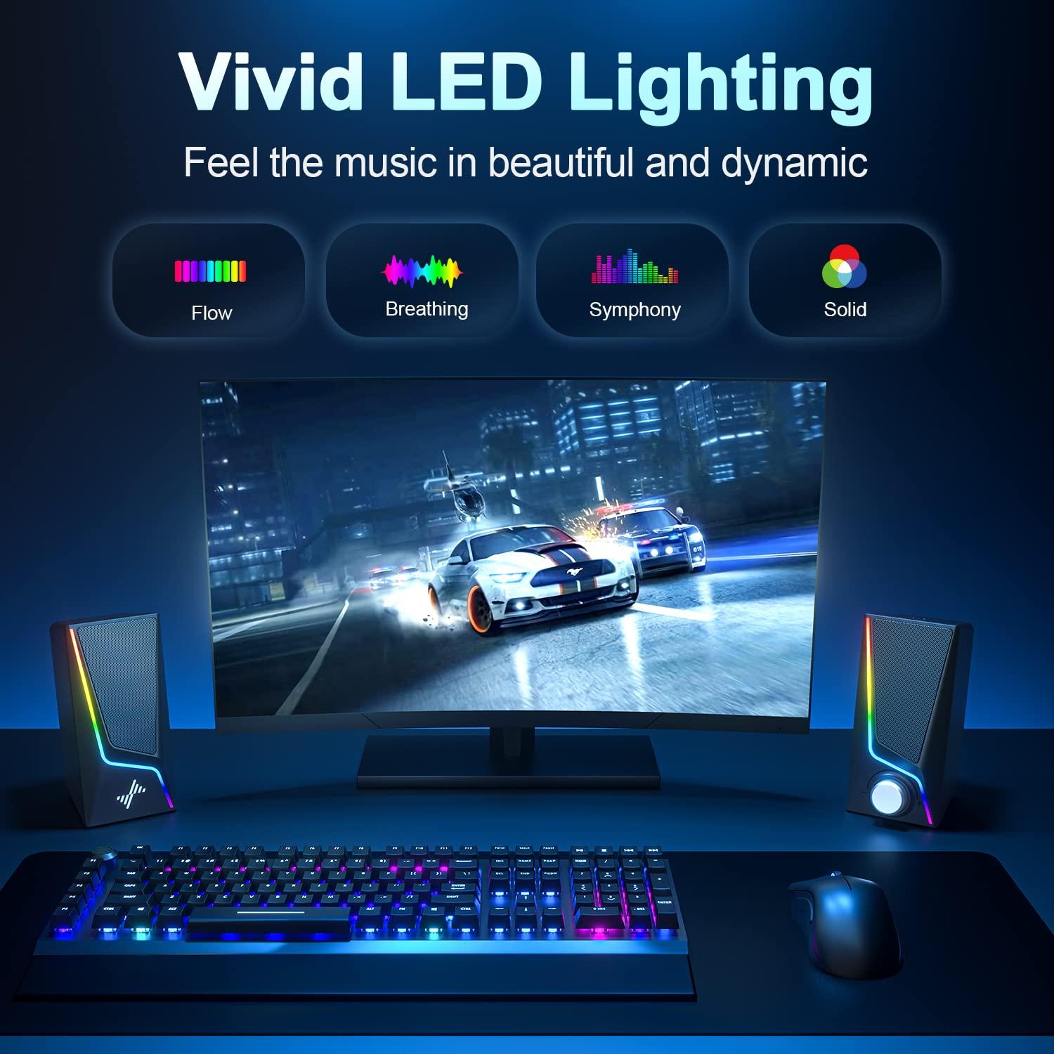 Computer Speakers, PC Speakers with 6 Lighting Modes, USB Powered Computer Speakers for Desktop Monitor with 2 Bass-Boost Ports, 2 Speaker Units, and 3.5mm Aux-in Cable for PC, Laptop, Tablet, Phone - Image 4