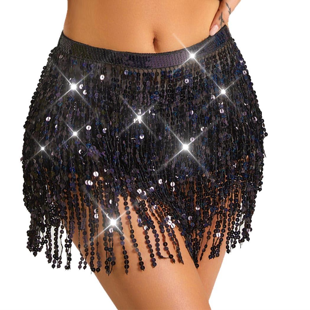 TWINKLEDE Sparkly Sequin Tassel Skirt Rave Fringe Skirts Belly Dance Hip Scarf Belts for Women