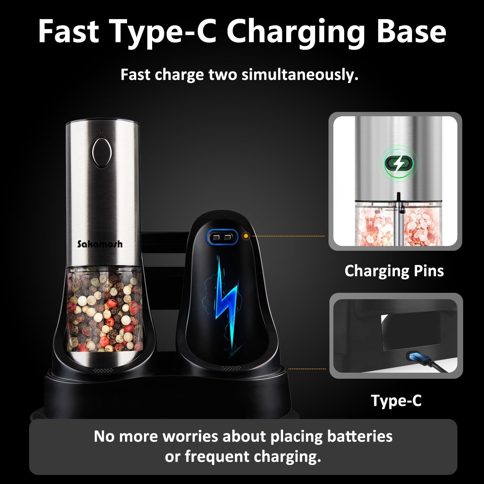 Electric Salt and Pepper Grinder Set, Rechargeable with Charging Base,Adjustable Coarseness with LED Light, Stainless Steel Automatic Pepper and Salt Mill Refillable(2 Packs) - Image 4