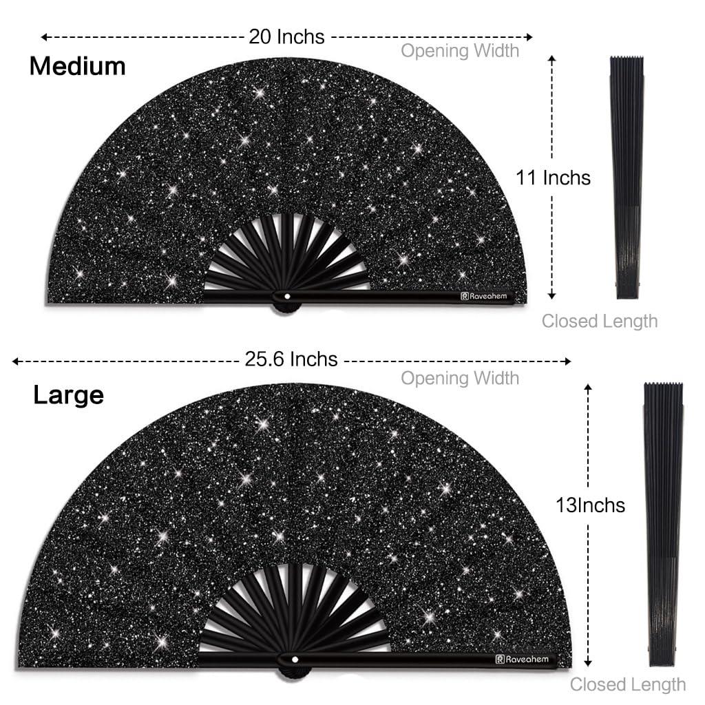 Raveahem Glitter Large Rave Folding Clack Hand Fan with holster for men/women Handheld Fan for EDM,Festival,Club,Party,Dance (Blk) - Image 2