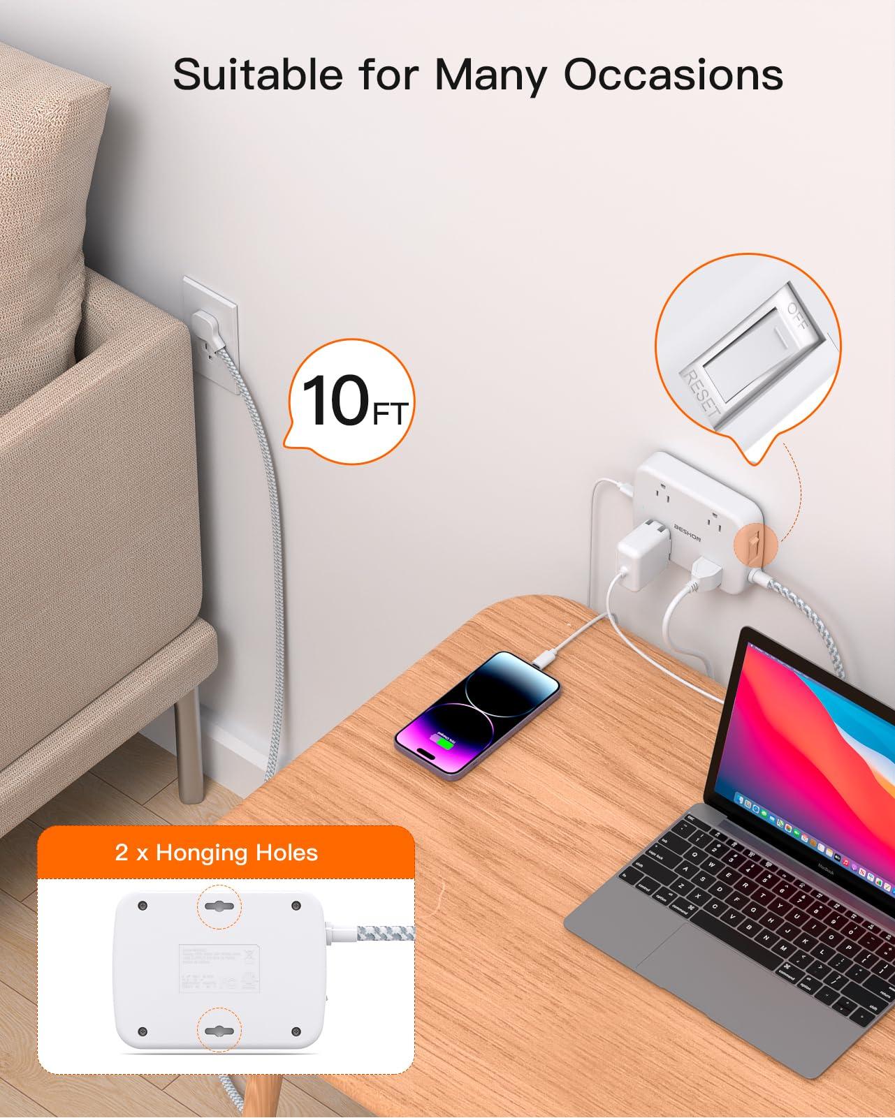 10FT Surge Protector Power Strip, Flat Extension Cord with 2 USB C, Flat Plug Power Strip, 4 Widely Outlets and 4 USB Charging Ports, Outlet Extender, 900 Joules, for Home Office Dorm Room Essentials - Image 3