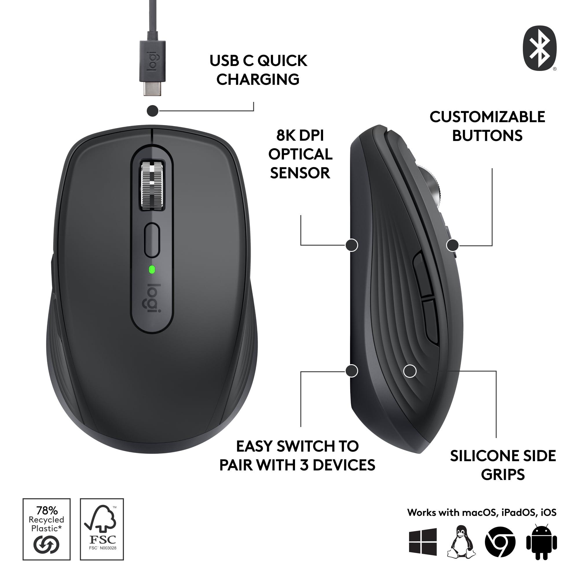 Logitech MX Anywhere 3S Compact Wireless Mouse, Fast Scrolling, 8K DPI Any-Surface Tracking, Quiet Clicks, Programmable Buttons, USB C, Bluetooth, Windows PC, Linux, Chrome, Mac - Graphite - Image 6