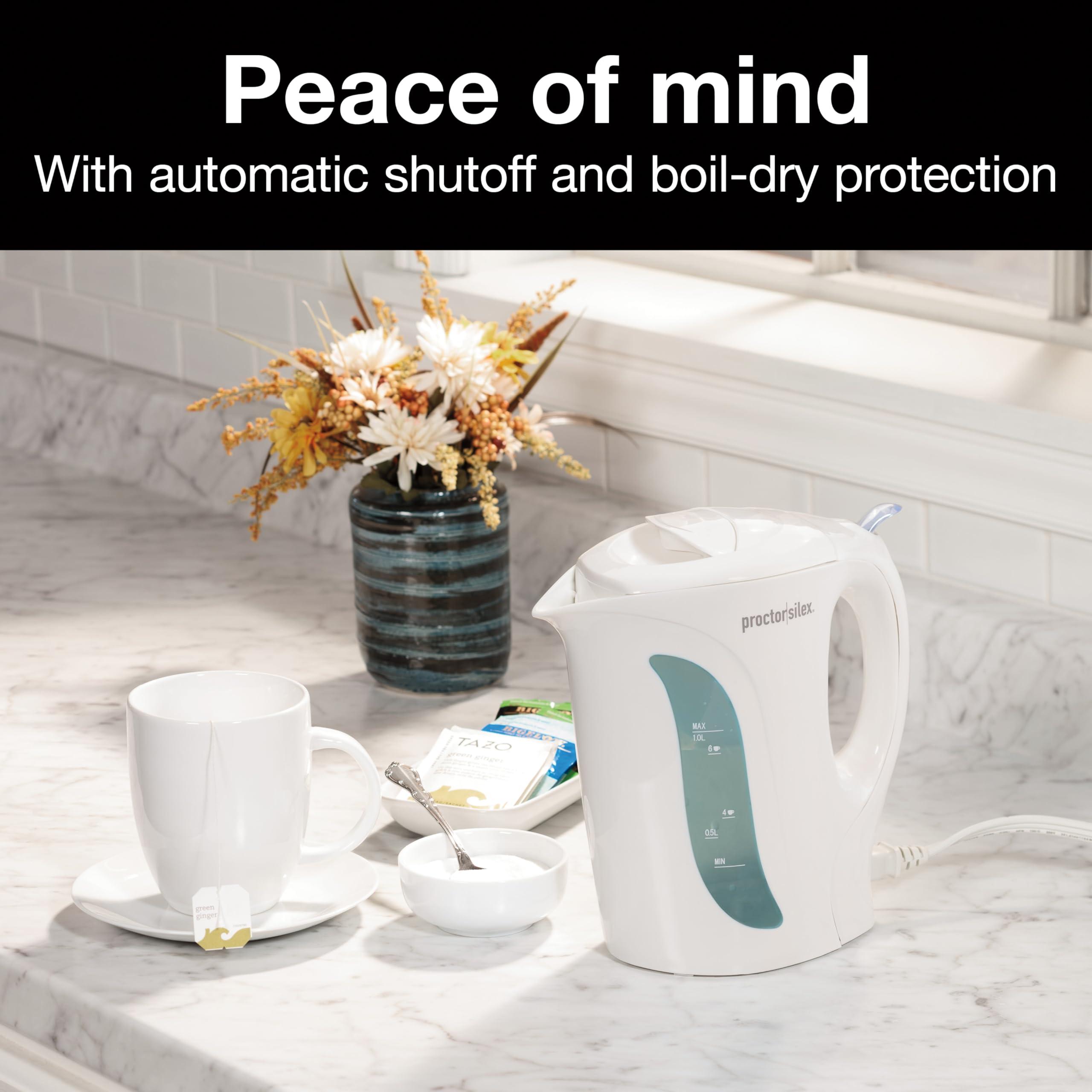 Proctor Silex Electric Tea Kettle, Water Boiler & Heater Auto-Shutoff & Boil-Dry Protection, 1000 Watts for Fast Boiling, 1 Liter, White - Image 2