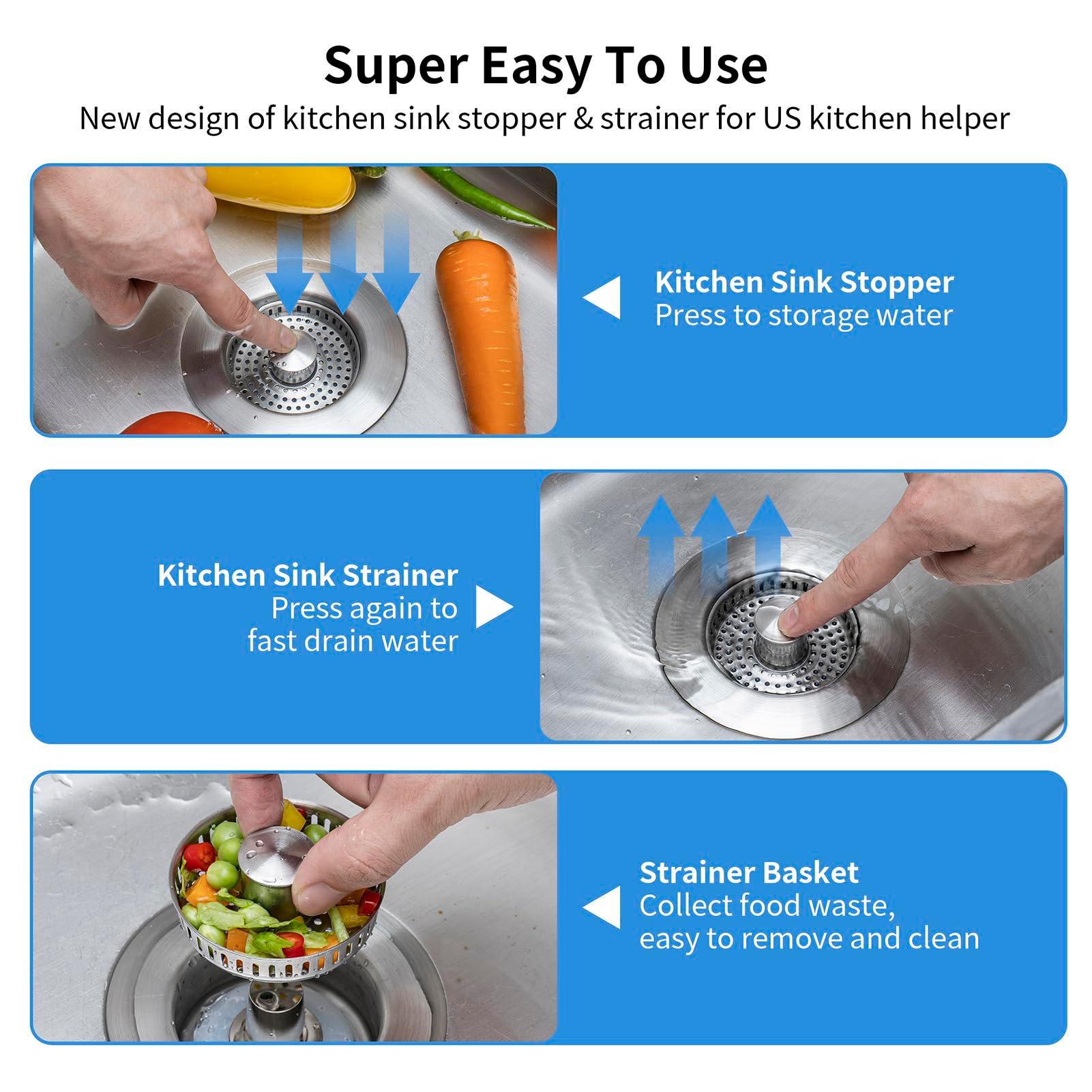 Upgraded 3 in 1 Kitchen Sink Drain Strainer - Stainless Steel Sink Stopper, Anti-Clogging Sink Food Catcher Basket, Fast Drainage Odor Filter Sink Plug for US Standard 3 1/2 inch Drain (Silver-1Pack) - Image 5