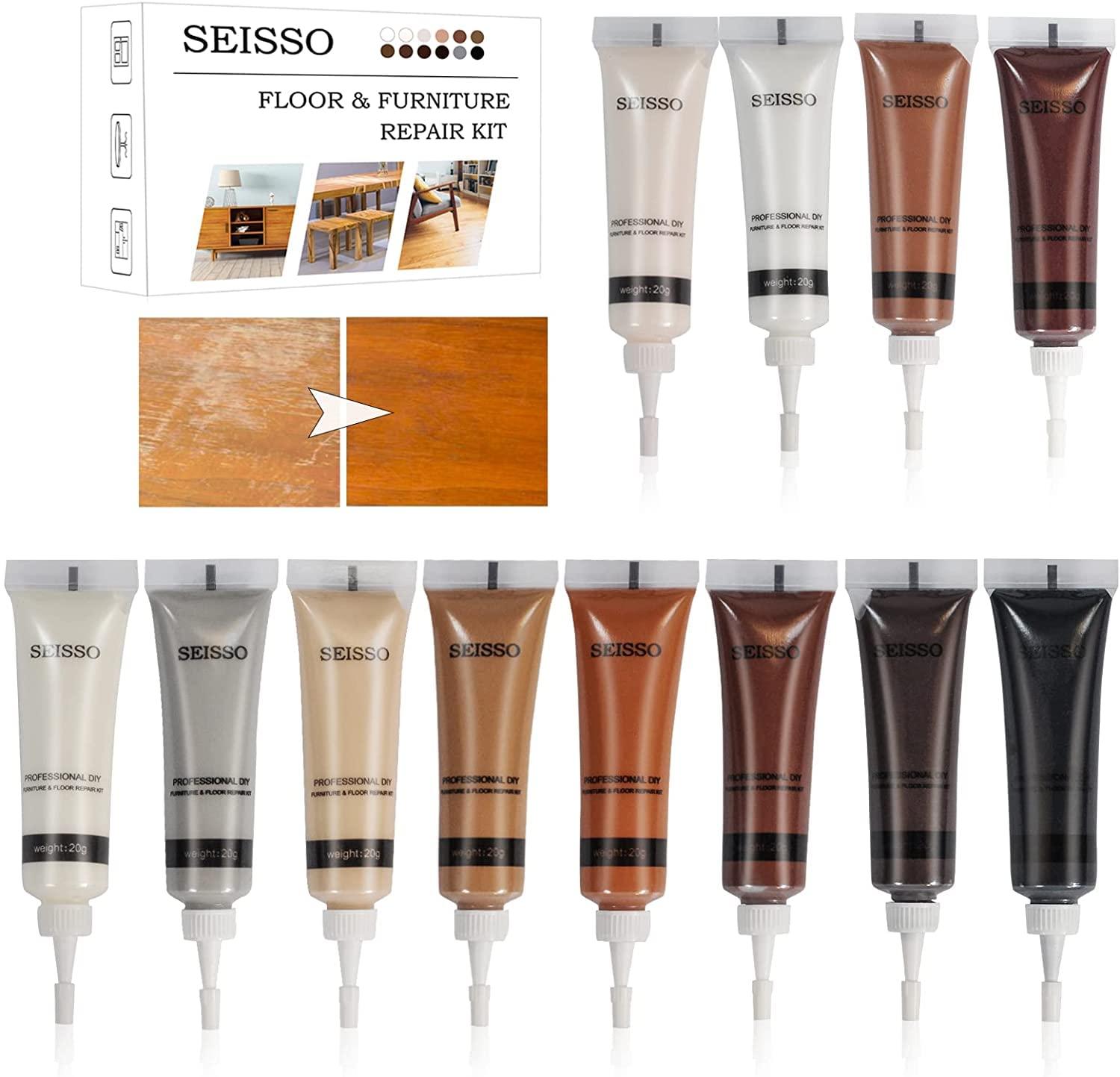 SEISSO Wood Repair Kit Touch up Paint Restore Any Wooden Furniture Stain, 12 Colors Cover Surface Scratch for Wooden Floor Table, Filler Furniture Paint Oak, Cabinet, Door, Veneer, Walnut