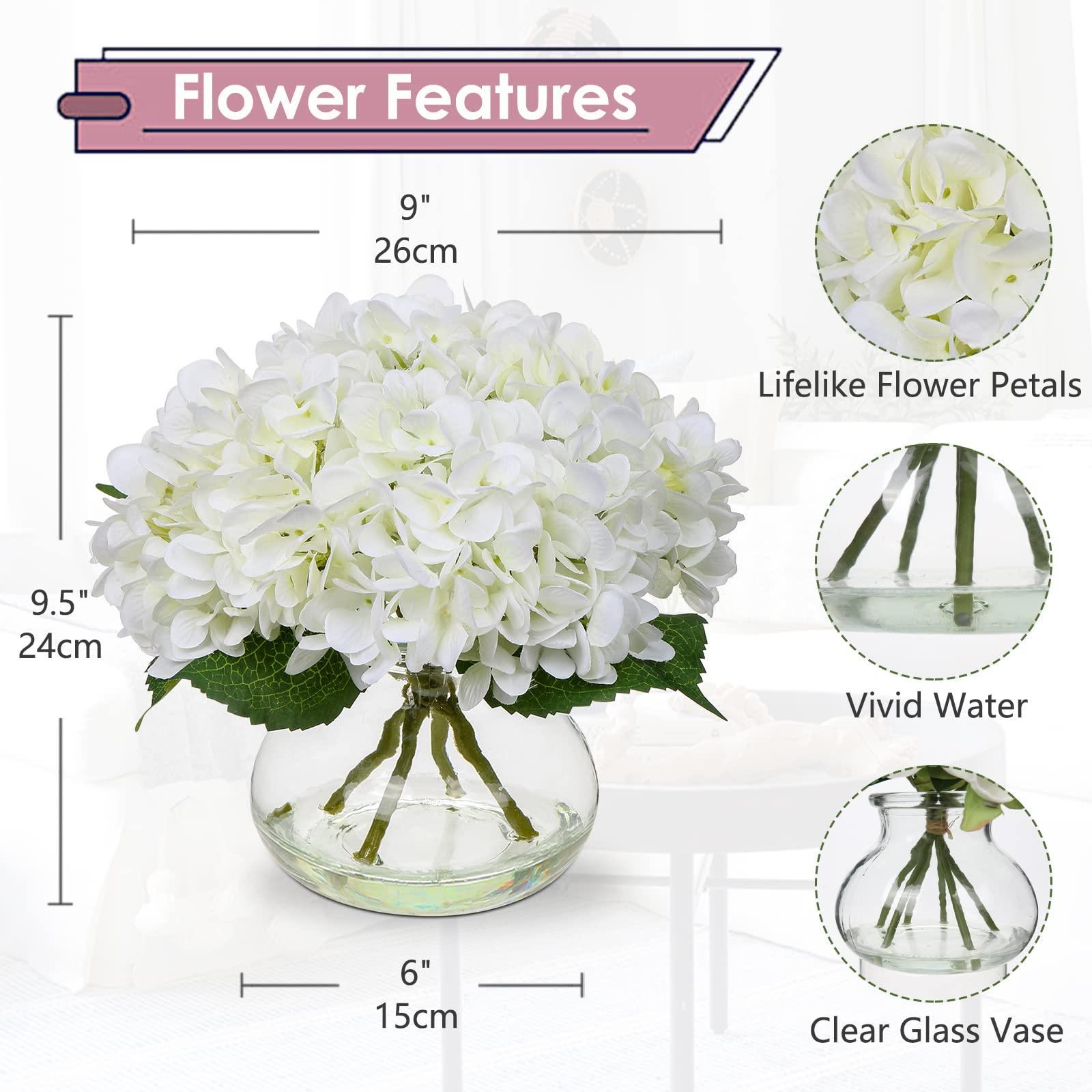 Hollyone Hydrangea Artificial Flowers with Vase White Silk Fake Flowers Arrangements in Glass Vase with Faux Water for Home Bathroom Office Table Centerpiece Shelf Decorations - Image 3