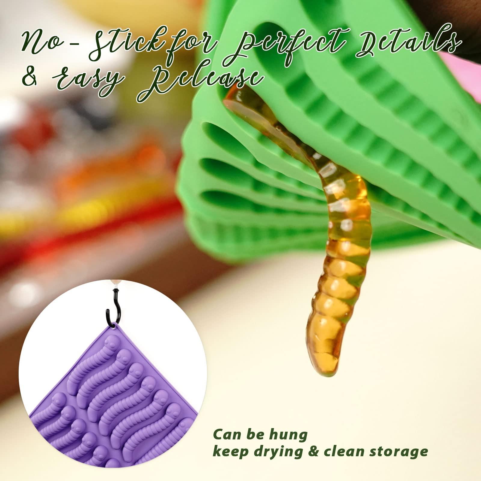 LUSHYUM Gummy Worm Molds Silicone 6ML 14ML, 4PCS Non-Stick Silicone Large Worm Molds for Chocolate Gummy Candy 60 Cavity with 2 Droppers & Brush, Ideal Gift for Kids Adult Halloween Party - Image 2