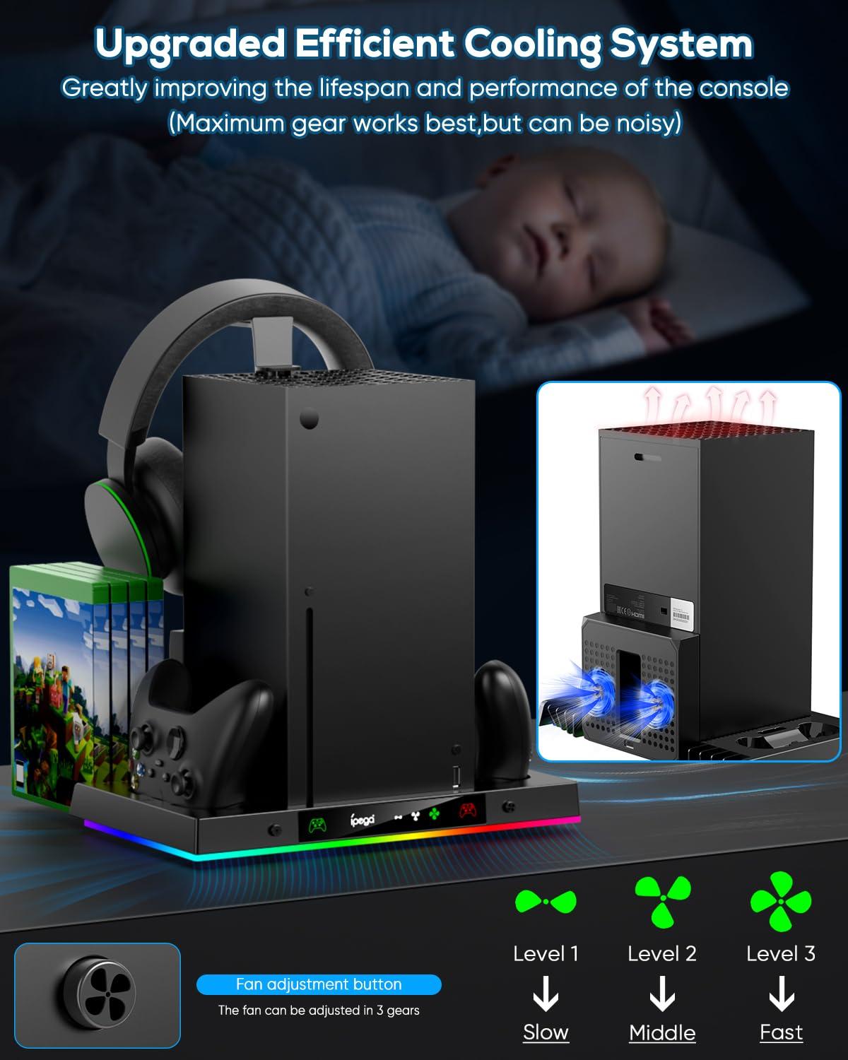 MENEEA Upgraded Cooling Fan Charging Station for Xbox Series X Console & Controller, Dual Charger Dock & Cooler System Stand with 15 Colorful Lights for Xbox Series X Accessories Kit - Image 3