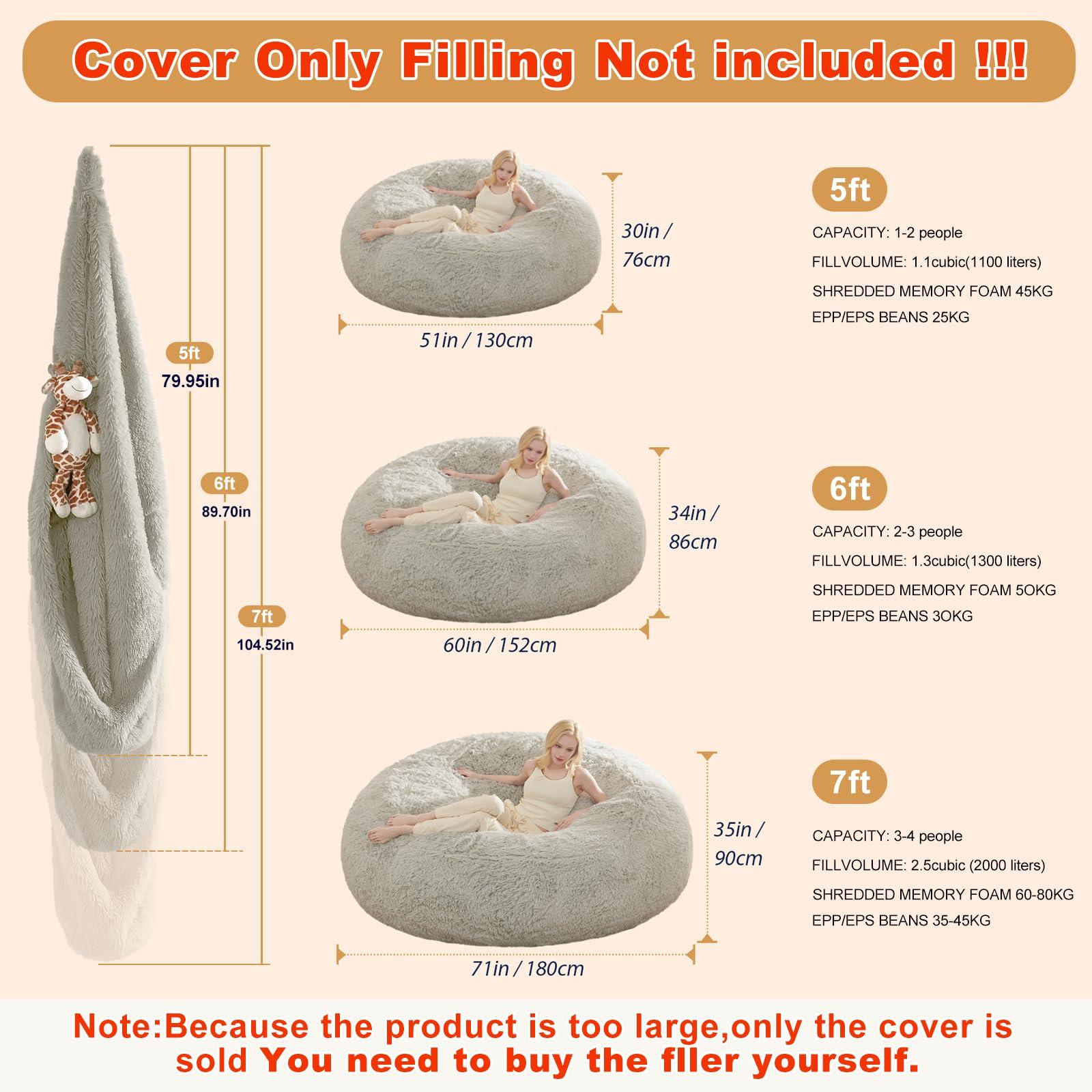 Bean Bag Chair Cover, Waterproof Faux Fur Bean Bag Cover Only(No Filler), 5FT Round Beanbag Chair with Pocket, Big Giant Bean Bags Chairs for Adults Kids Teens, Stuffed Animal Storage - Image 2