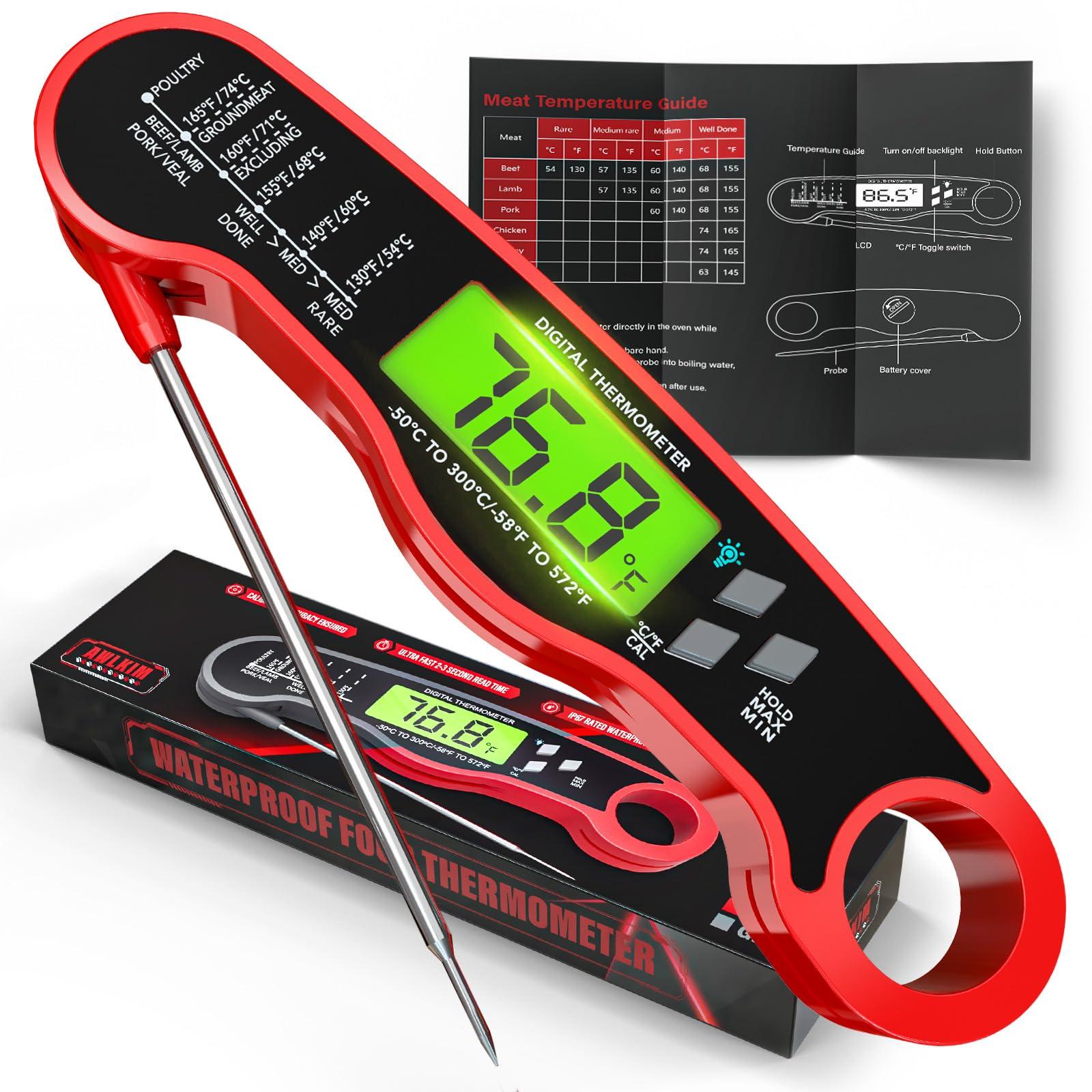 Instant Read Meat Thermometer Digital - Waterproof Food Thermometer with Backlight for Cooking, Grill, Candy, Kitchen & Stocking Stuffers for Men - Red