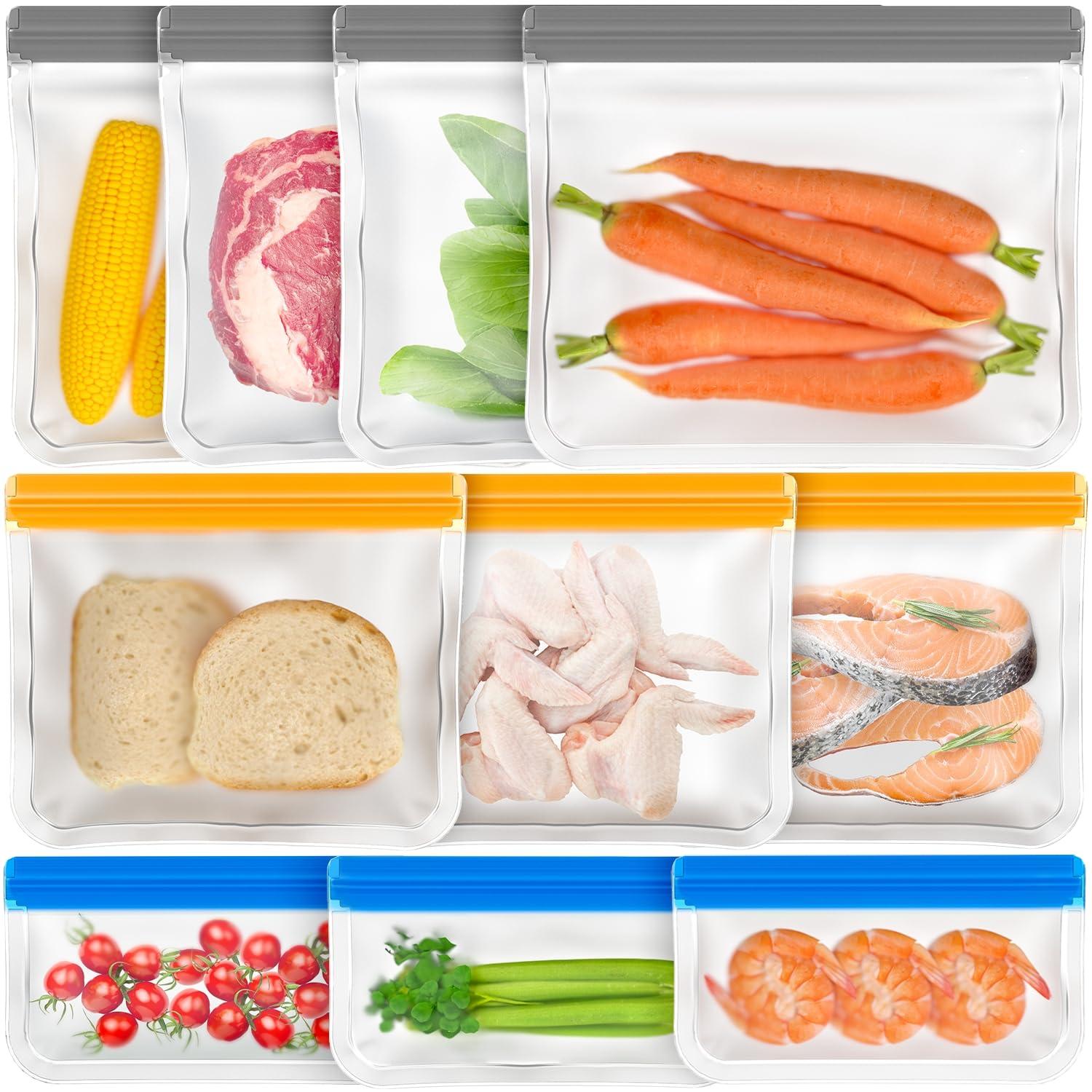 SOGUDE Reusable Snack Bags, 10 Pack Dishwasher Safe Reusable Ziploc Bags PEVA, BPA Free Leakproof Reusable Storage Bags for Lunch, Vegetables, Fruits - 4 Gallon 3 Sandwich 3 Snack Bags
