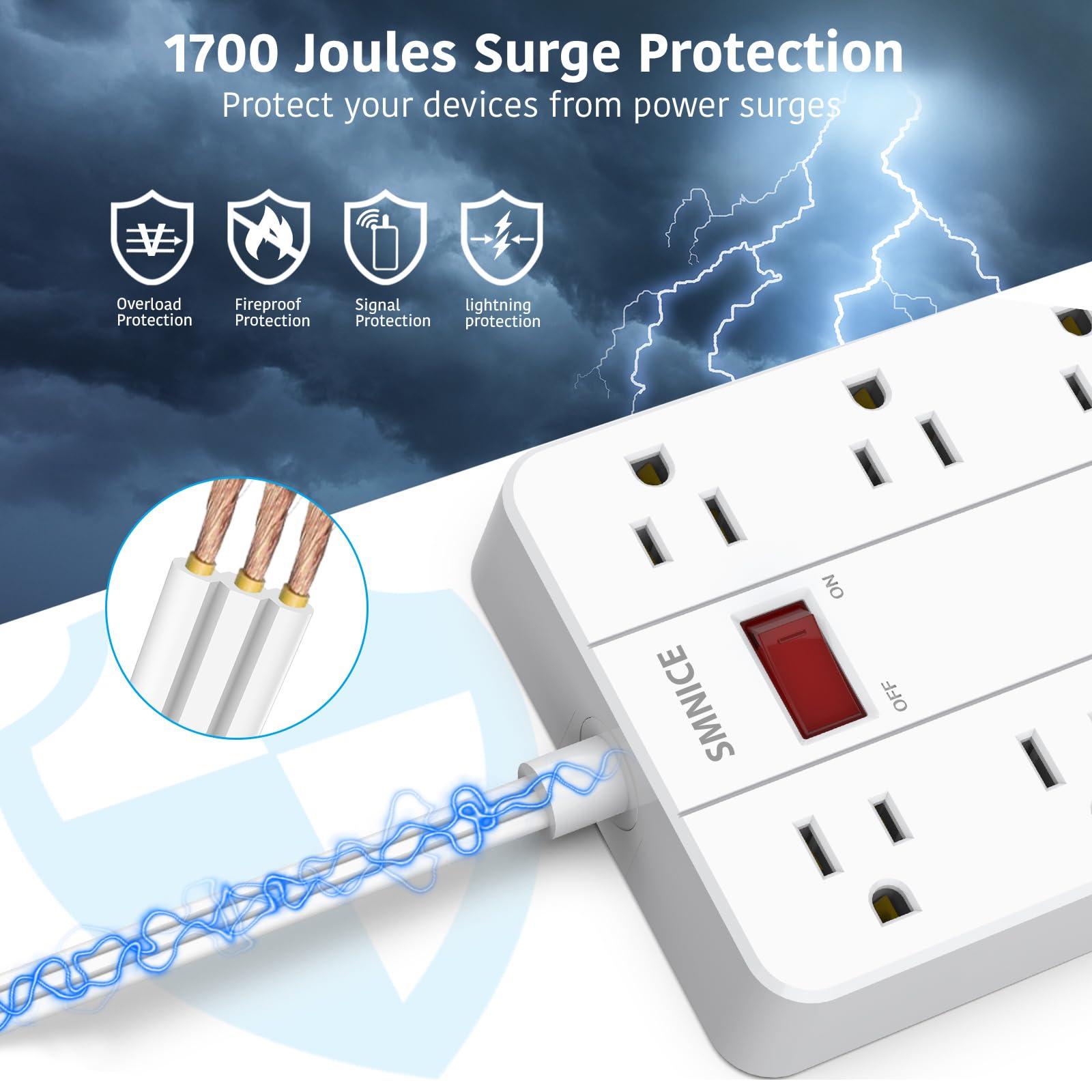 SMNICE Power Strip with USB,Surge Protector Flat Plug with 8 Widely Spaced Outlets and 6 USB Ports(1 USB C), 5ft Extension Cord Wall Mountable Phone Tablet Laptop Computer Multiple Devices - Image 4