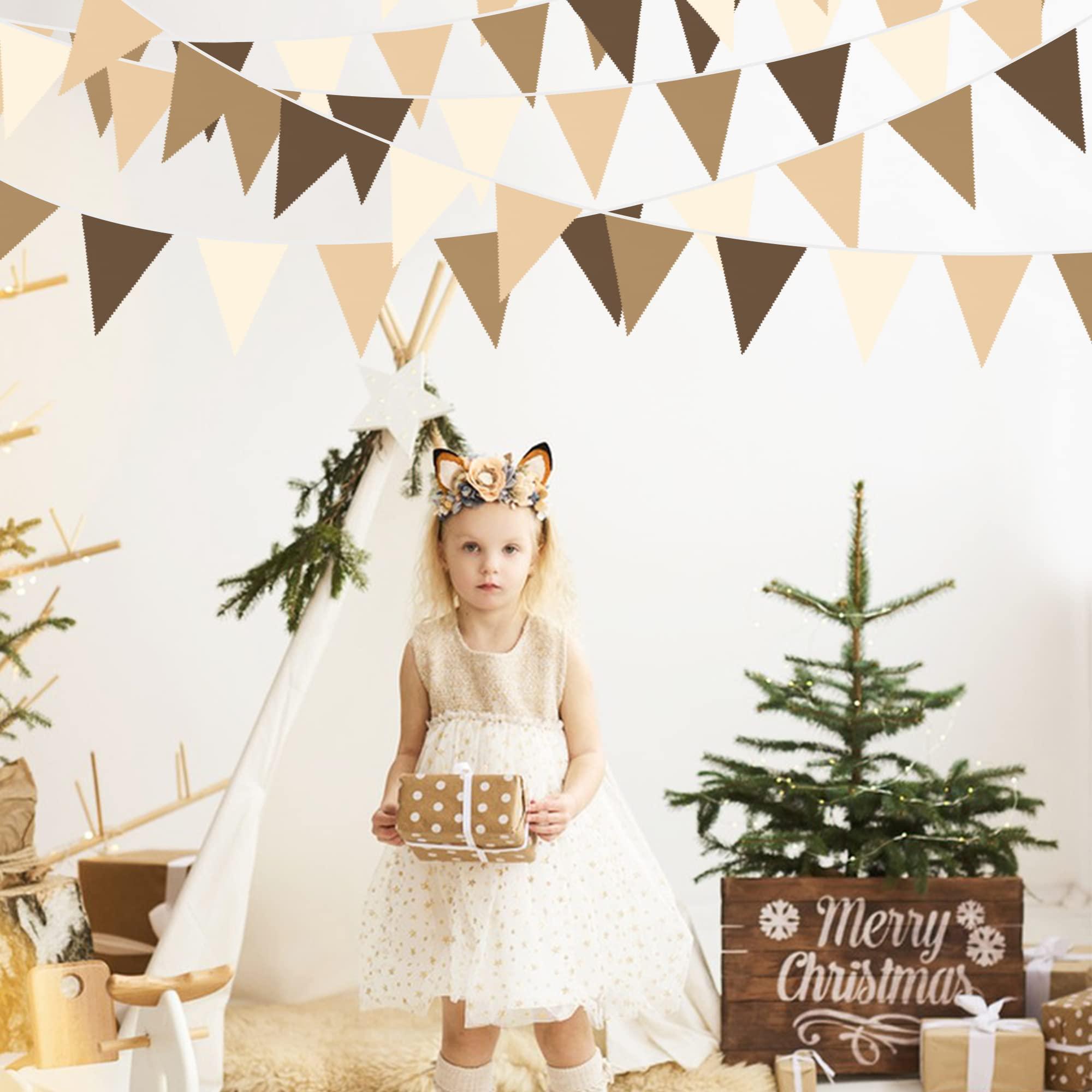 32Ft Brown Party Decorations Brown Pennant Banner Fabric Triangle Flag Bunting Garland Streamers for Woodland Teddy Bear Baby Shower Jungle Safari Birthday Home Outdoor Garden Decor - Image 2