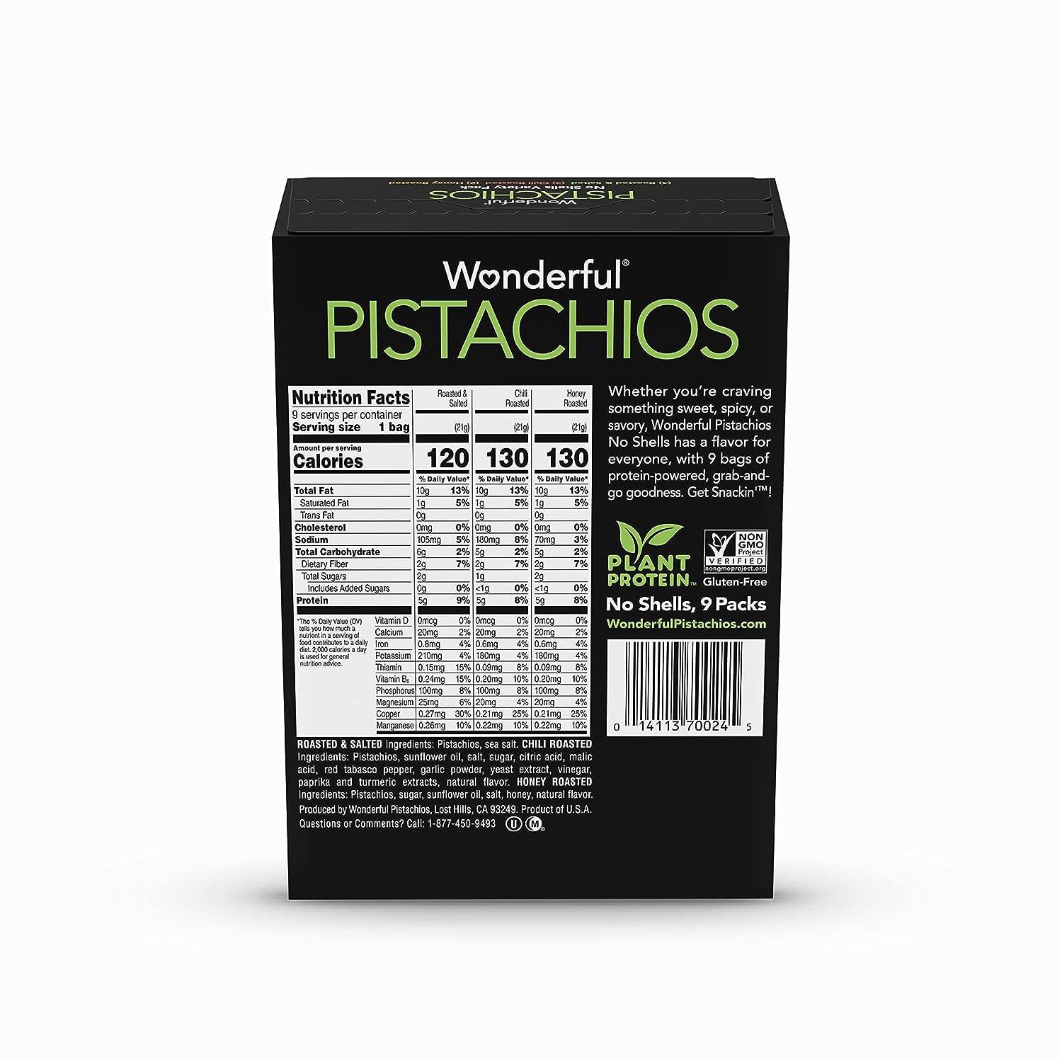 Wonderful Pistachios No Shells, 3 Flavors Mixed Variety Pack of 9 (0.75 Ounce), Roasted & Salted Nuts (4), Chili Roasted (3), Honey Roasted (2), Protein Snacks, Gluten Free, Pantry Staples, Healthy Snacks Variety Pack for Adults - Image 2