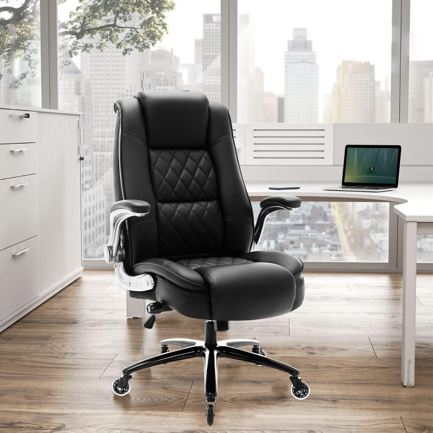 High Back Office Chair- Flip Arms Adjustable Built-in Lumbar Support, Executive Computer Desk Chair Work Chairs, Thick Padded Strong Metal Base Quiet Wheels, Ergonomic Design for Back Pain - Image 2