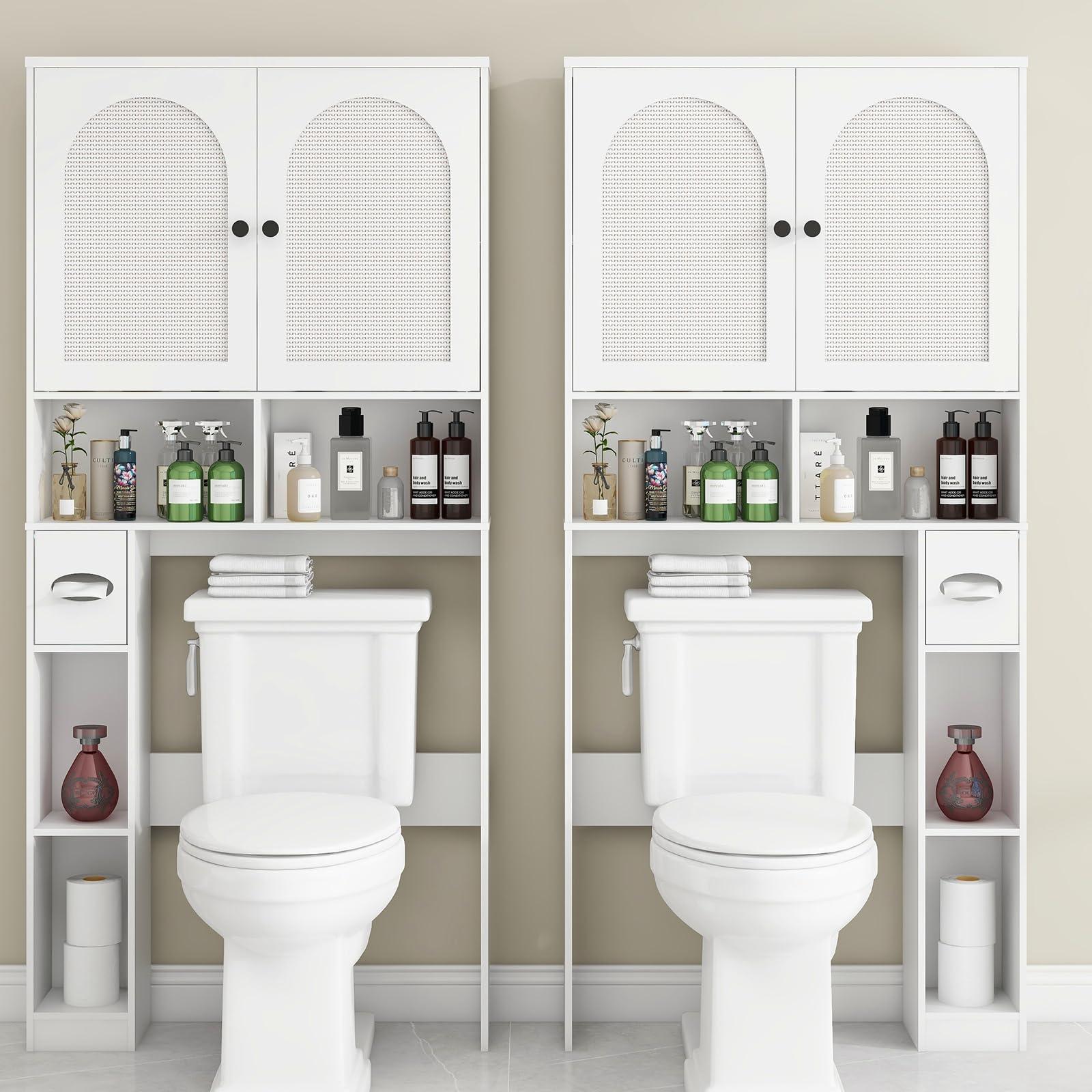 Vabches Over The Toilet Storage Cabinet, Rattan Storage Cabinet Over Toilet with 2 Doors & Toilet Paper Holder Stand, Freestanding Toilet Shelf Space Save with Anti-Tip Design Adjustable Shelf, White - Image 5