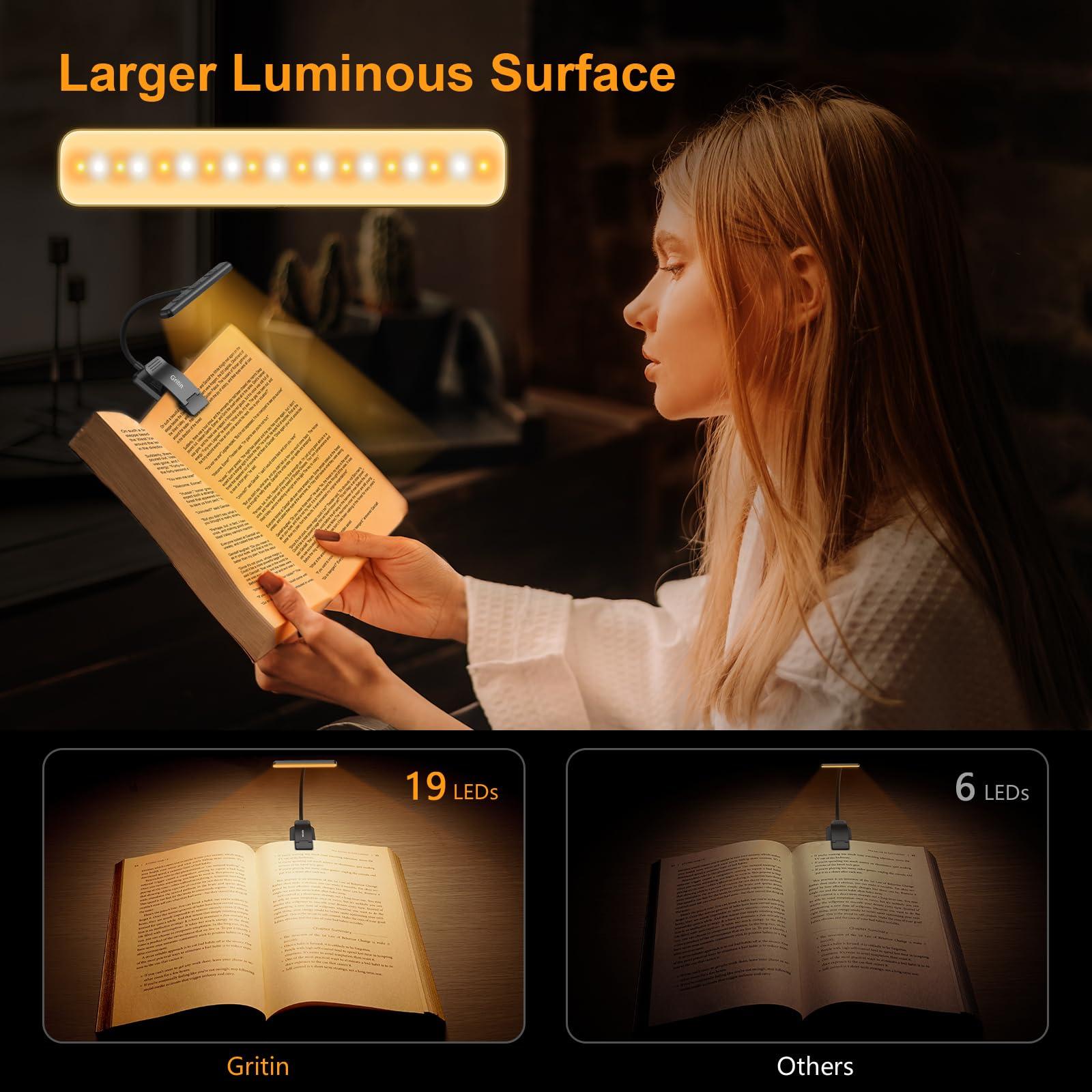 Gritin 19 LED Rechargeable Book Light for Reading in Bed with Memory Function- Eye Caring 3 Color Temperatures,Stepless Dimming Brightness,80 Hrs Runtime Lightweight Clip on Light for Book Lovers - Image 5