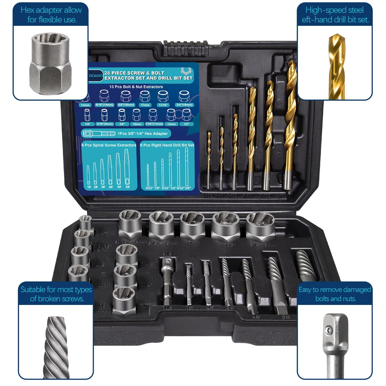 DOAHO 26 Piece Impact Bolt and Spiral Screw Extractor Set with Left Hand Reverse Drill Bit Kit for Easy Out Damaged Stripped Broken Screw Lug Bolt Nut Remove with Hex Adapter - Image 3