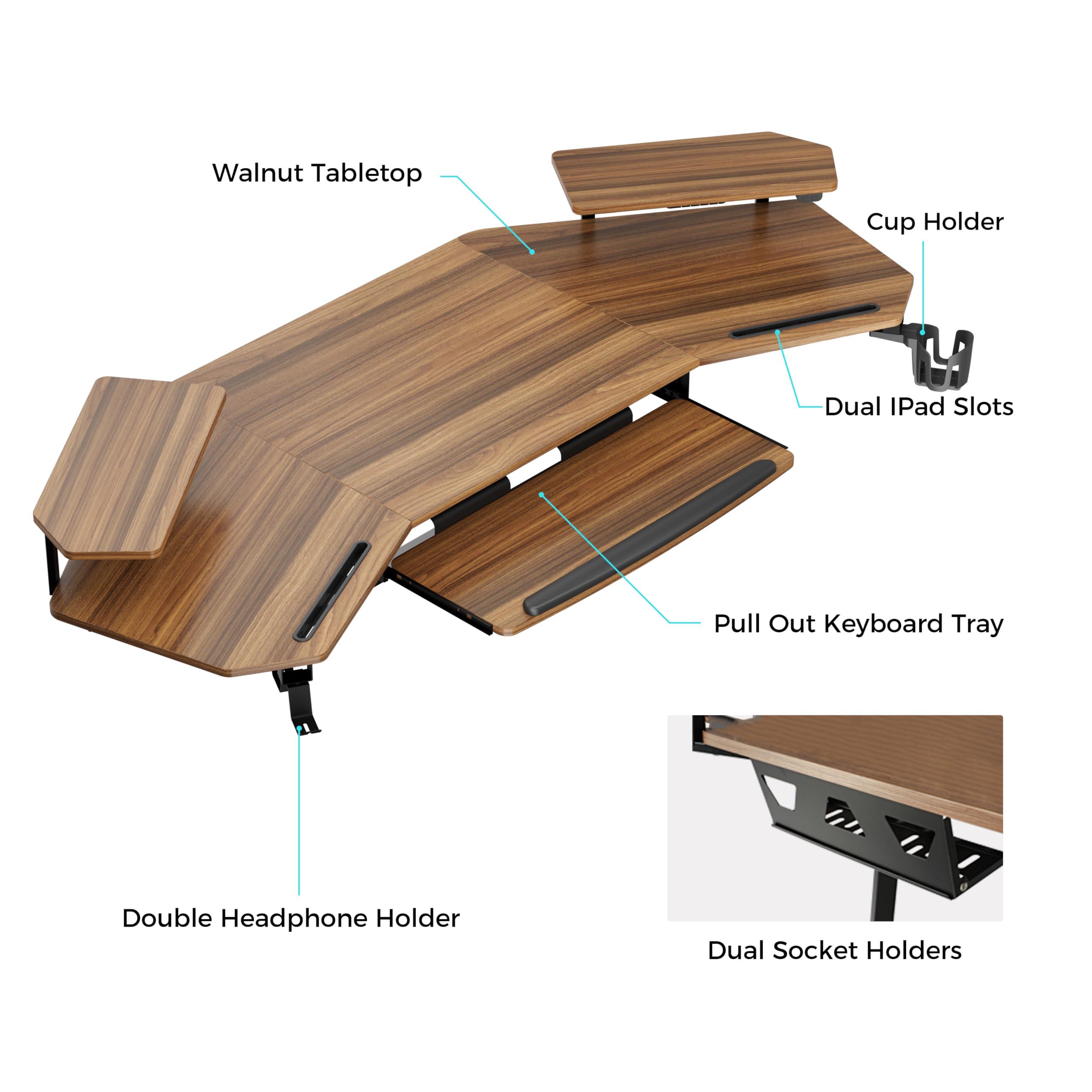 EUREKA ERGONOMIC 72" Gaming Desk W Keyboard Tray, Wing-Shaped Music Studio Desk, Large Computer Table W LED Convertible Monitor Stand Dual Headphone Hanger for Recording Live Streamer, Walnut Wood - Image 9