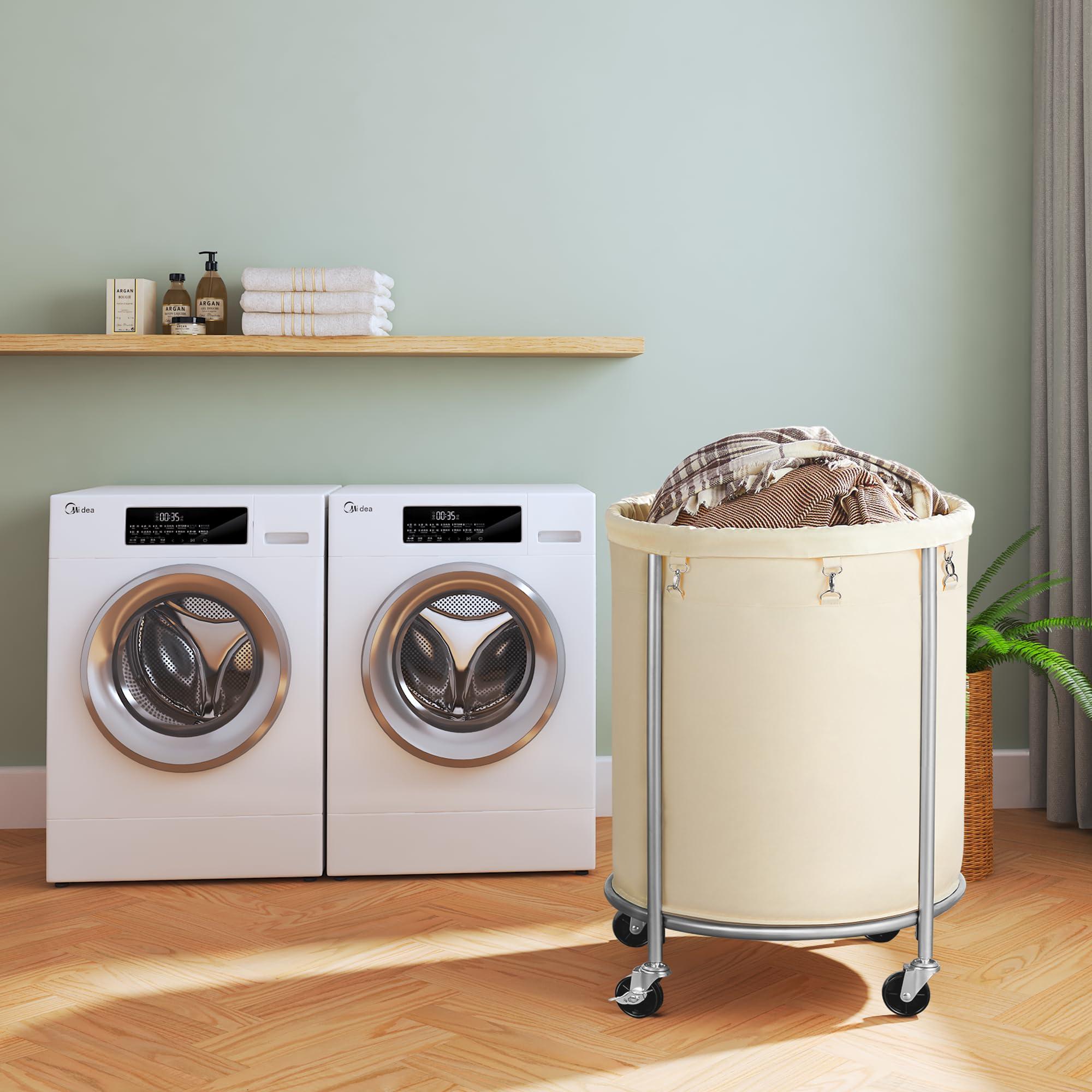 ELYKEN Laundry Basket with Wheels, 170L Rolling Laundry Hamper with Removable Bag and Steel Frame, Round Laundry Cart with 4 Casters and 2 Brakes, Ideal for Bedroom, Bathroom, Laundry Room, Cream - Image 9