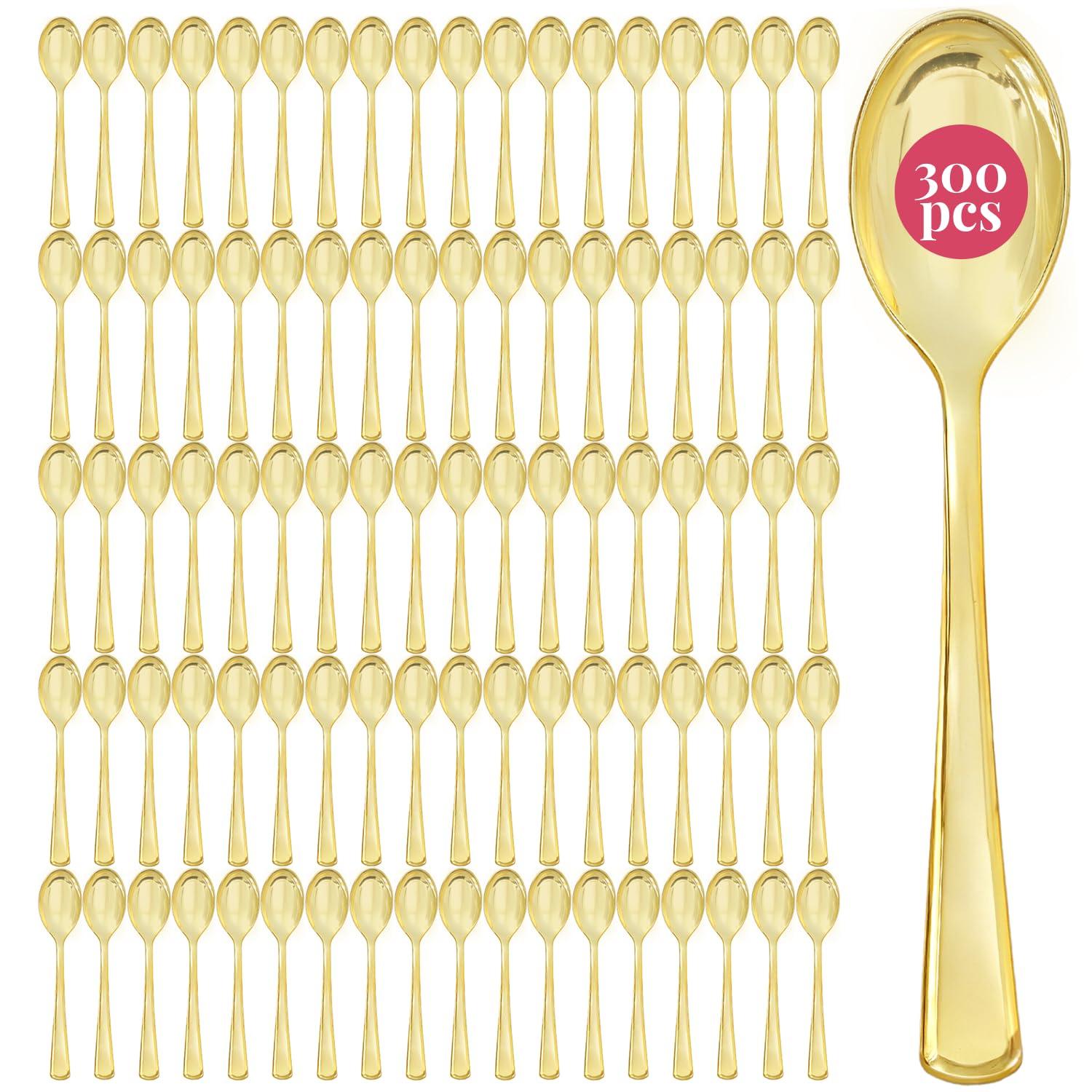 Prestee Gold Plastic Spoons, 300 Pc, Disposable Spoon Cutlery Flatware Pack for Party, Wedding Events, Sparkle & Glamour - Plastic Utensil Set for Parties, Events and Everyday Use
