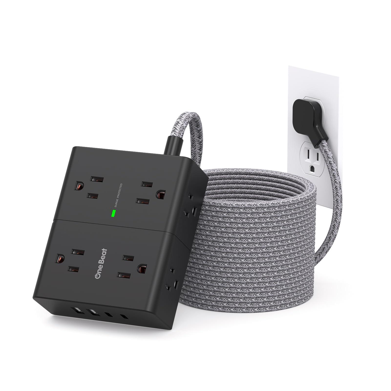 Surge Protector Power Strip 25 Ft Cord, Ultra Thin Flat Extension Cord with 8 Outlets 4 USB Ports(2 USB C), Flat Plug Power Strip, 25 Ft Long Braided Power Cord for College Dorm Room Essentials-BK