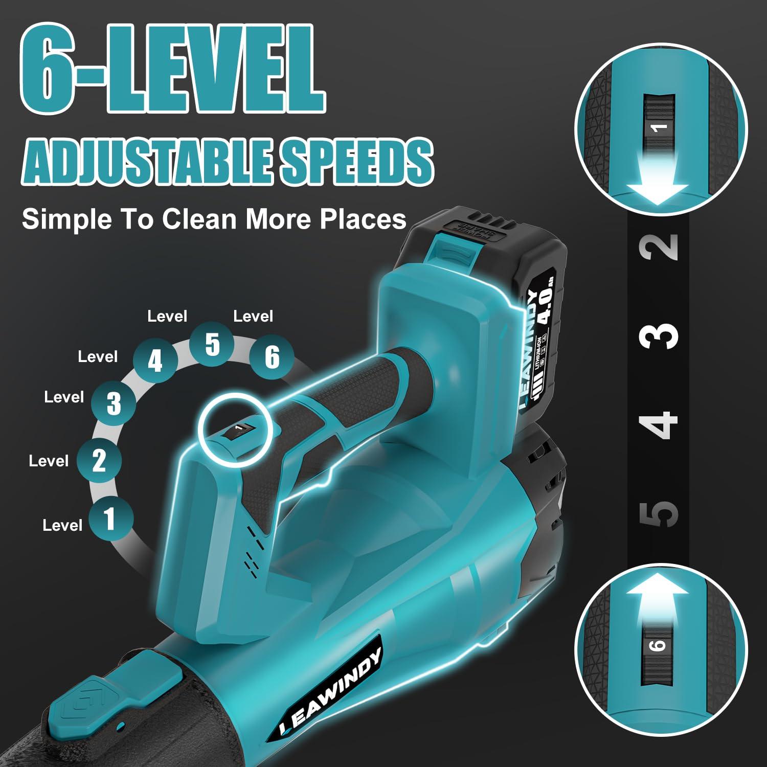 Leaf Blower Cordless, Electric Leaf Blower with 2 * 4.0Ah Batteries and Charger, 450 CFM/160 MPH Leaf Blowers & 6 Speed Levels, 21V Battery Lawn Blower for Patio Cleaning, Lawn Care, Blowing Leaves - Image 3