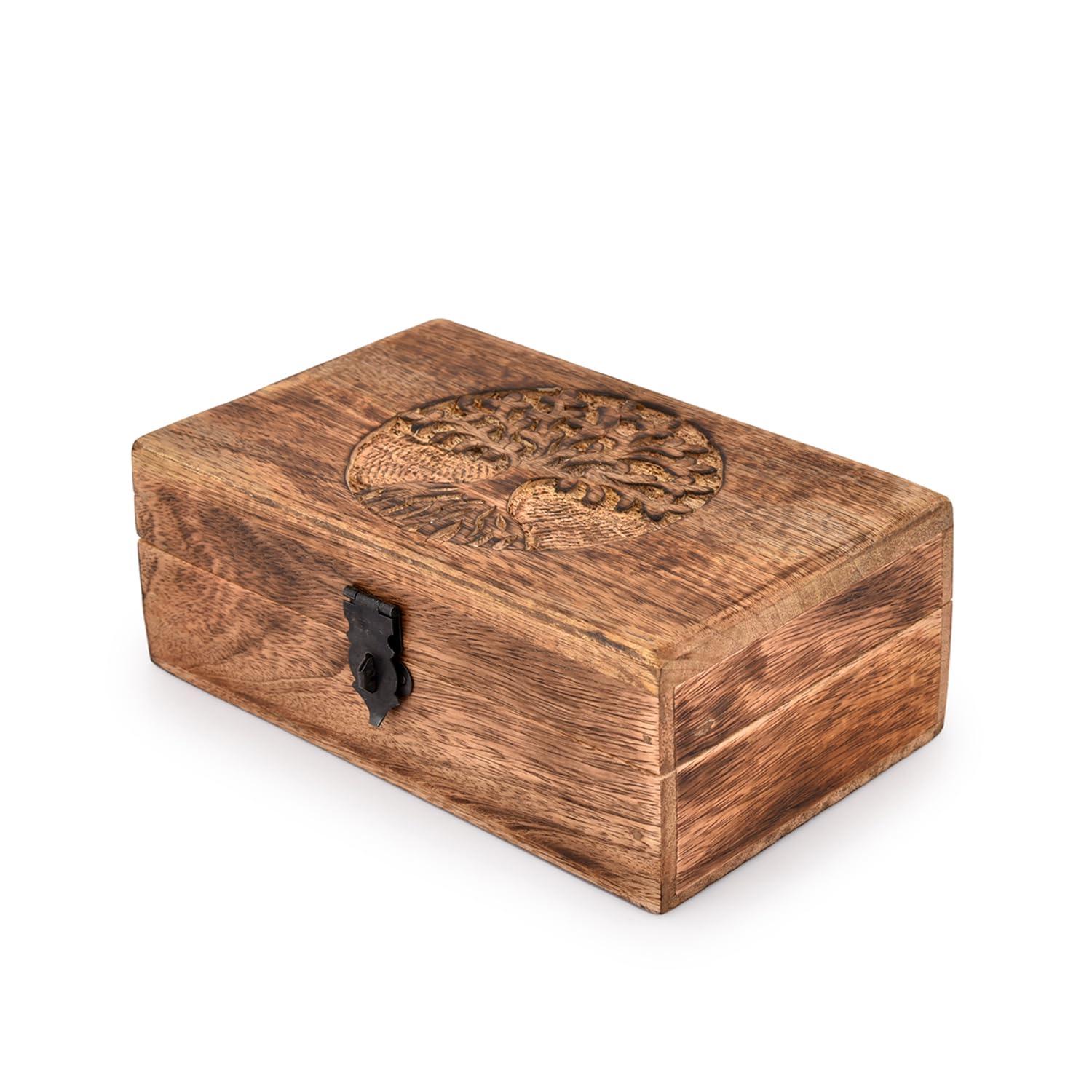 Samhita Handmade Mango Wood Tree of Life Engraving Beautifully Keepsake Box Jewellery Organiser Unique Gift Ideas for Men & Women (Flame Work Finish) - Image 5