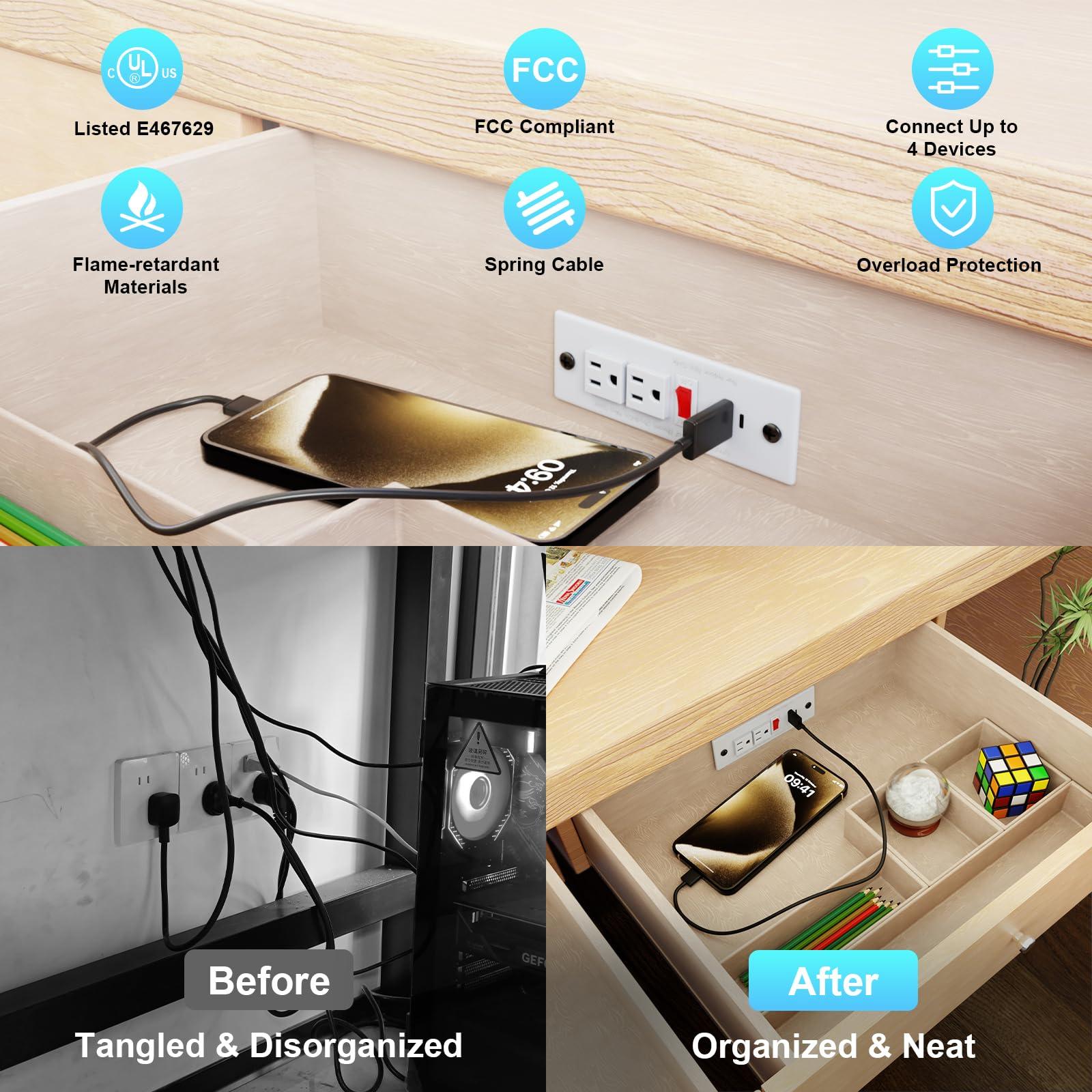 Drawer Outlet Kit, Recessed Furniture Power Strip with Overload Protection Switch, PD 20W Fast Charging, Clutter-Free Drawer Socket with 4 Power Outlets, 7.2 FT Power Cord, Spring Cable, UL Listed - Image 5