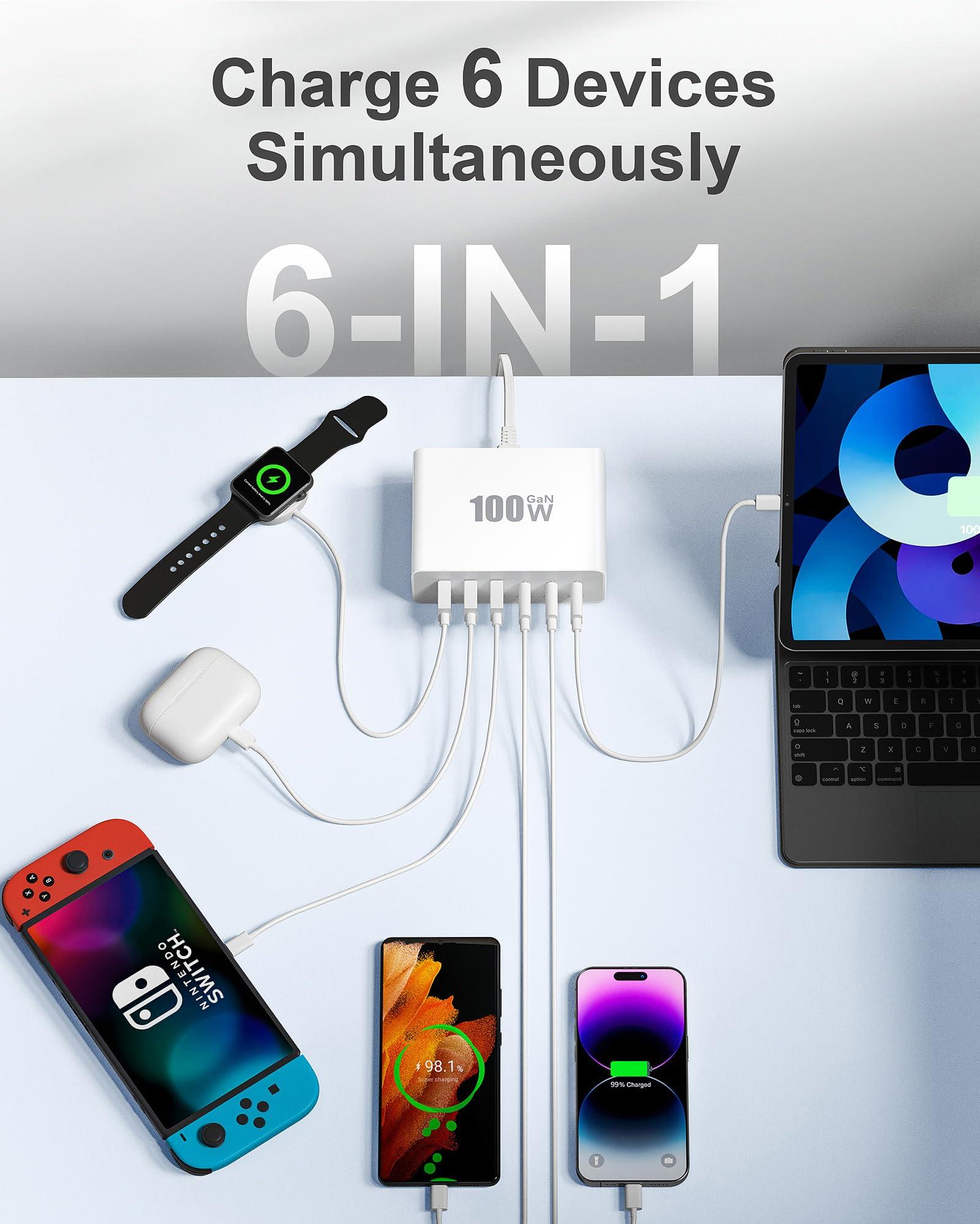USB C Charger Block, 100W GaN Fast Charging Blocks USBC Charger 6 Port Charging Station Hub Brick Cube, USB-C Wall Charger Type C Adapter Plug for iPhone 16 15 14 13 12 11 Pro Max, Samsung, 5FT Cord - Image 3