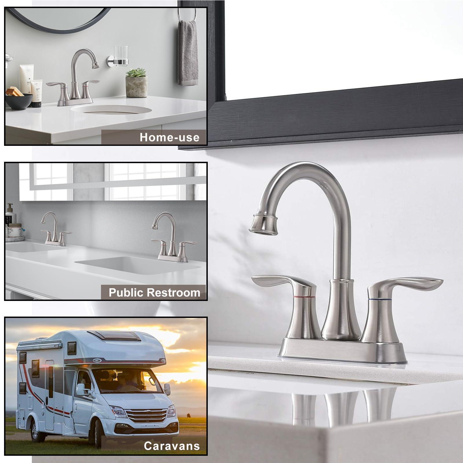 Friho Brushed Nickel Bathroom Faucet, Centerset Lead-Free Modern Commercial 2-Handle RV Bathroom Sink Faucet, 3 Hole 4 inch Bath Faucet with Drain Stopper and Water Hosess - Image 4