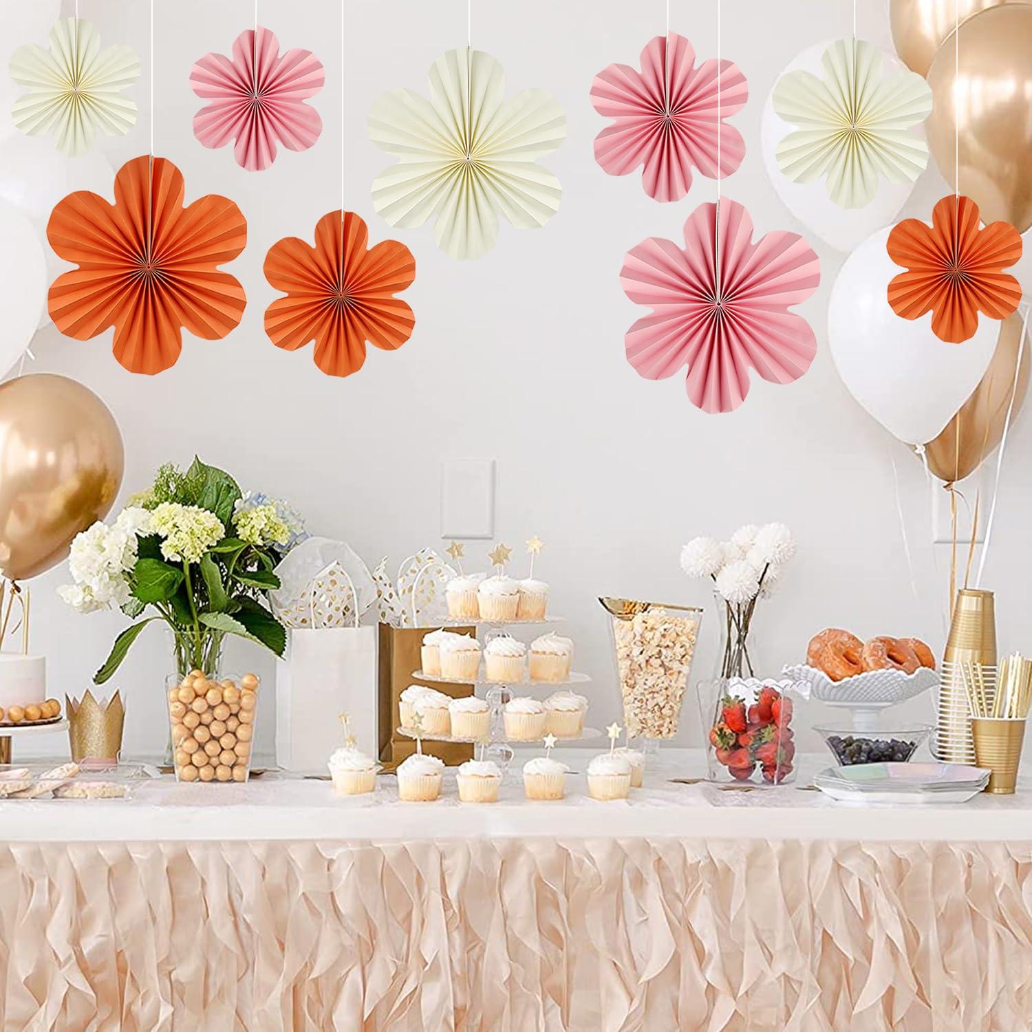 9Pcs Hanging Paper Fans Party Decorations, Orange Pink White Paper Flowers for Floral Preppy Birthday Baby Shower Wedding Party Backdrop Decor - Image 6